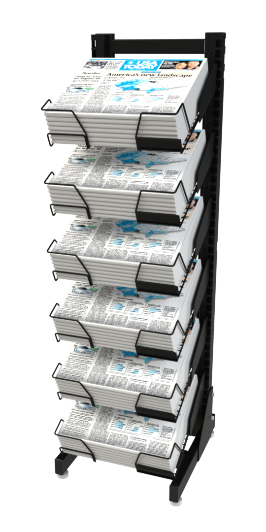 A magazine rack filled with stacks of magazines on a white background.