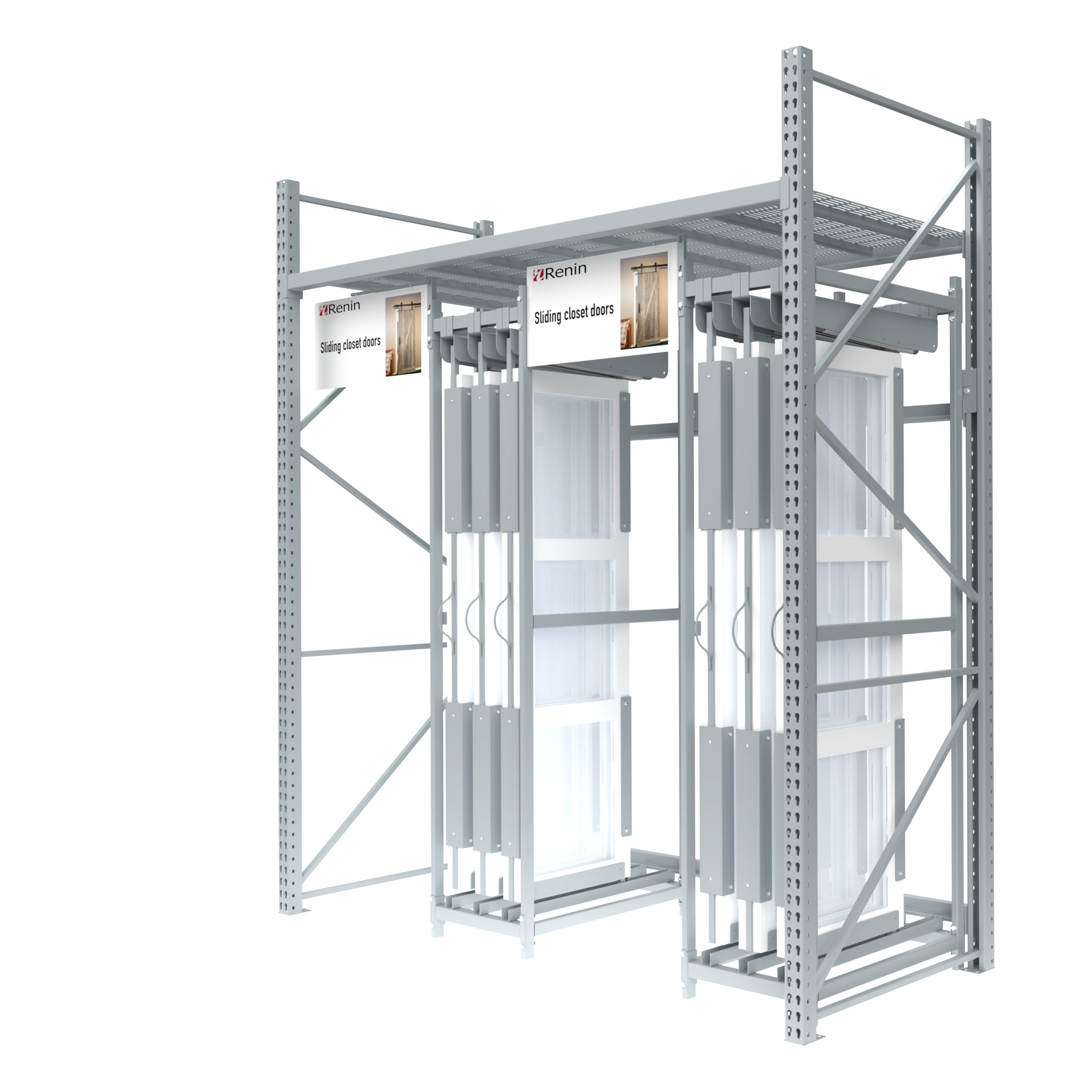 A metal shelf with a bunch of doors on it