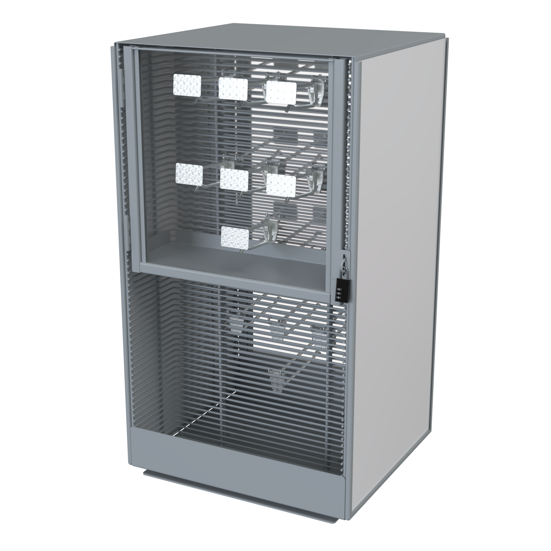 A display rack with doors, hooks and a spinner