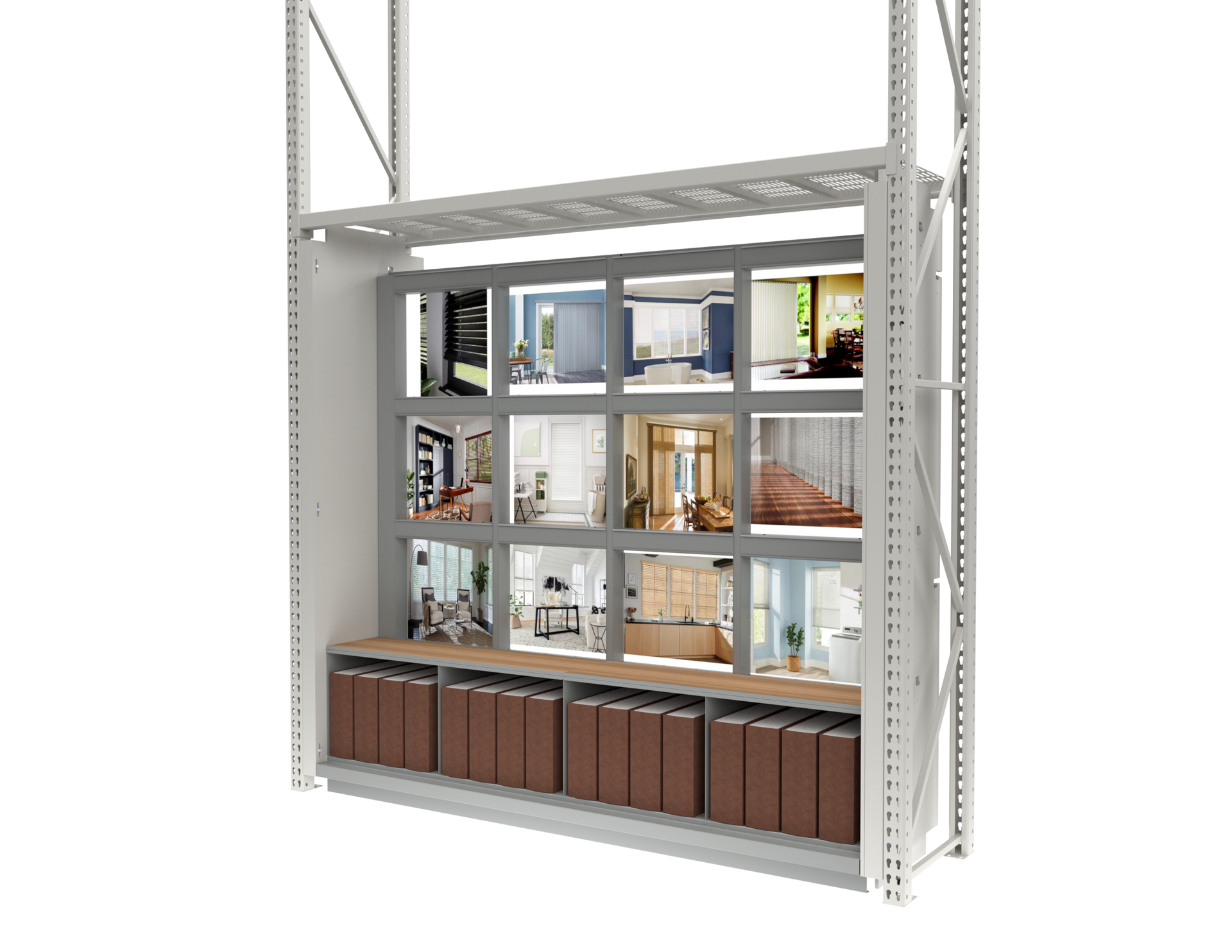 A shelf with a lot of pictures on it.