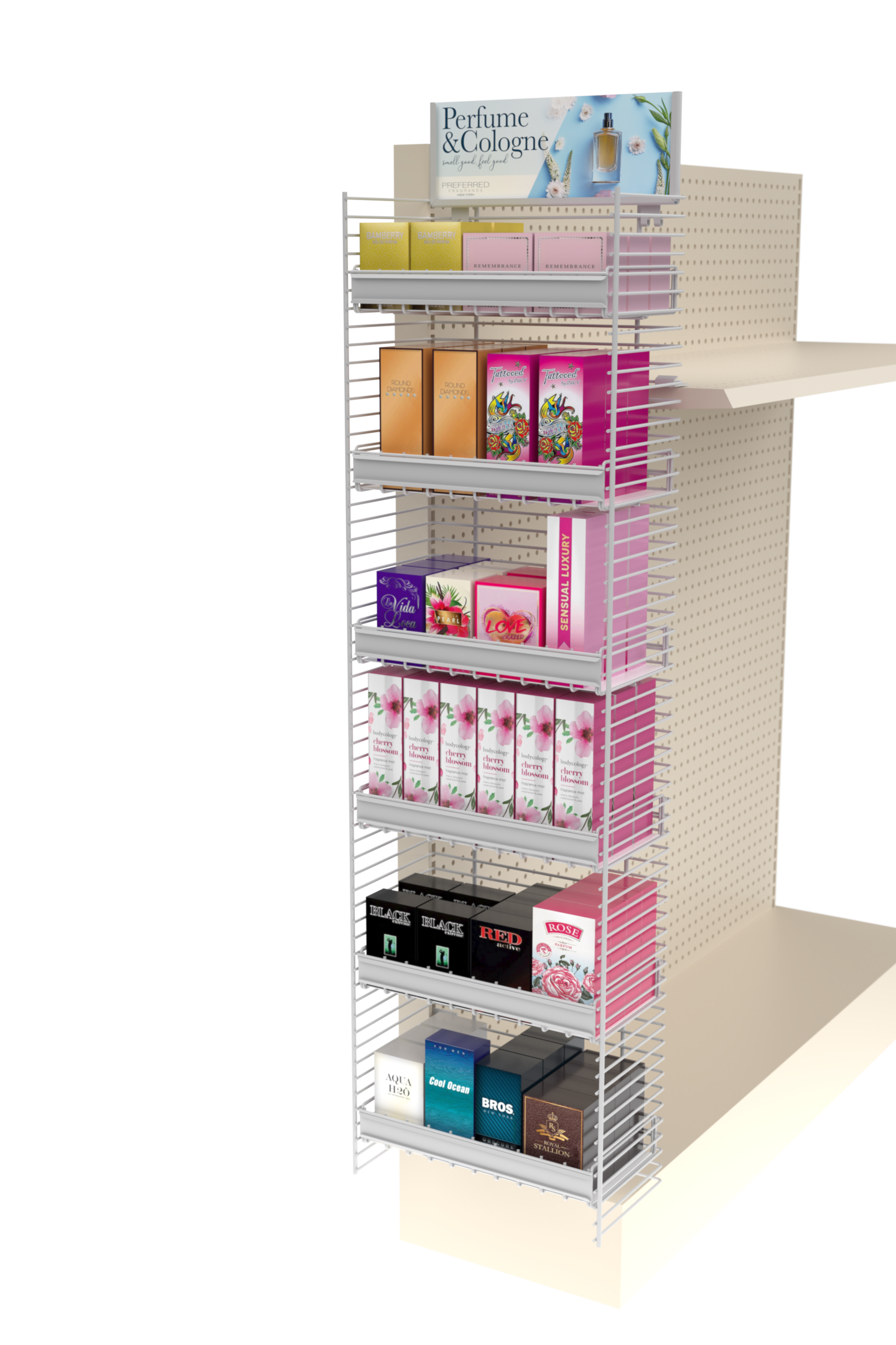 A shelf filled with lots of different types of cosmetics.