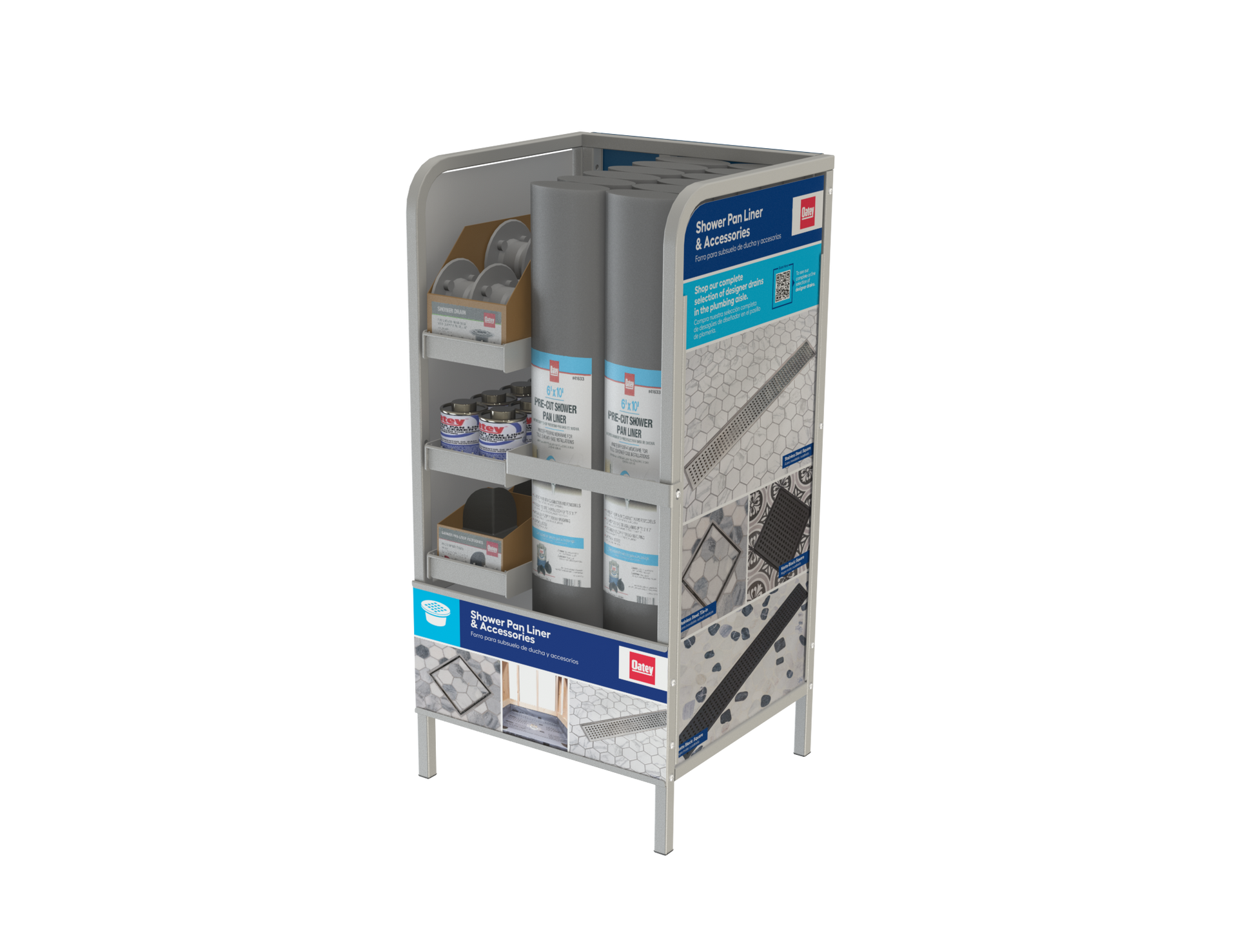 A display rack filled with lots of products on a white background.