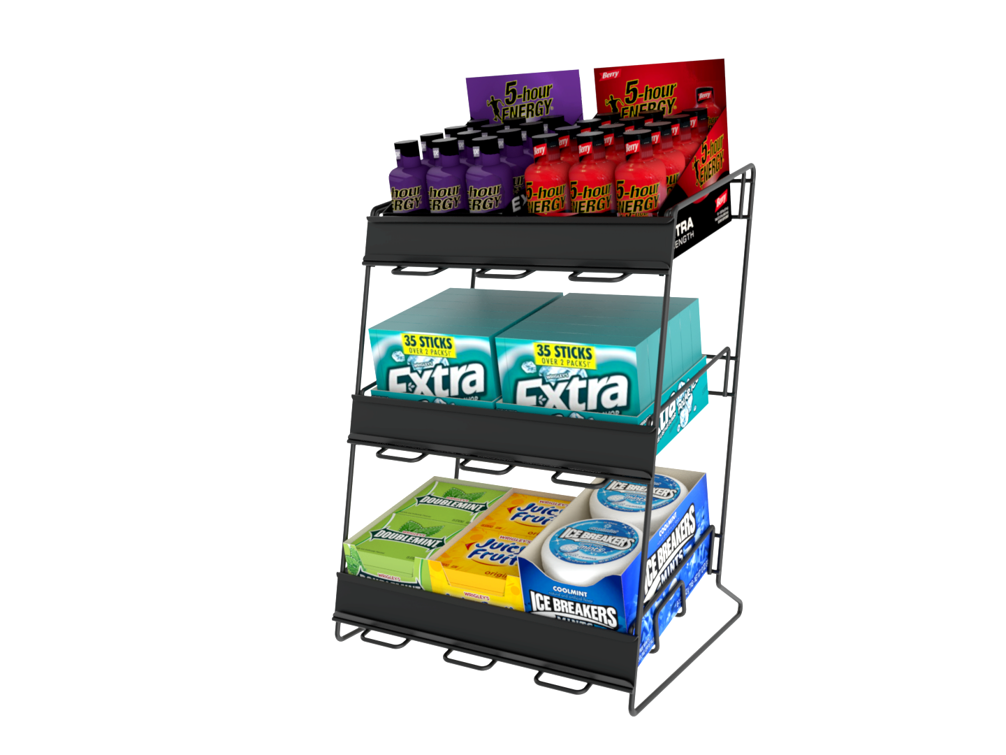 A display rack filled with lots of different types of gum.