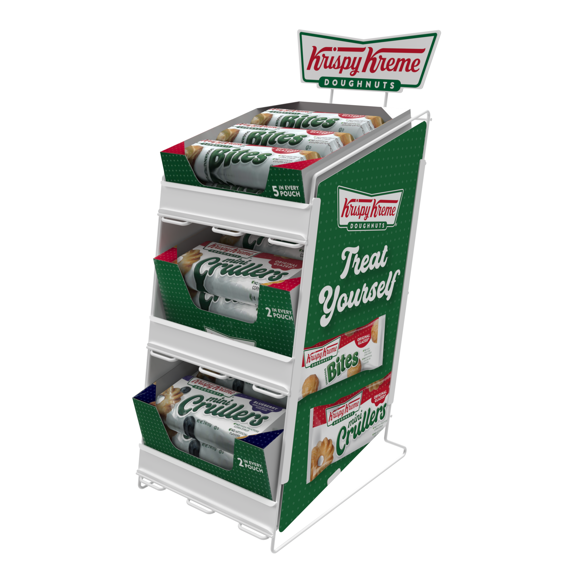 A krispy kreme display with a sign that says treat yourself