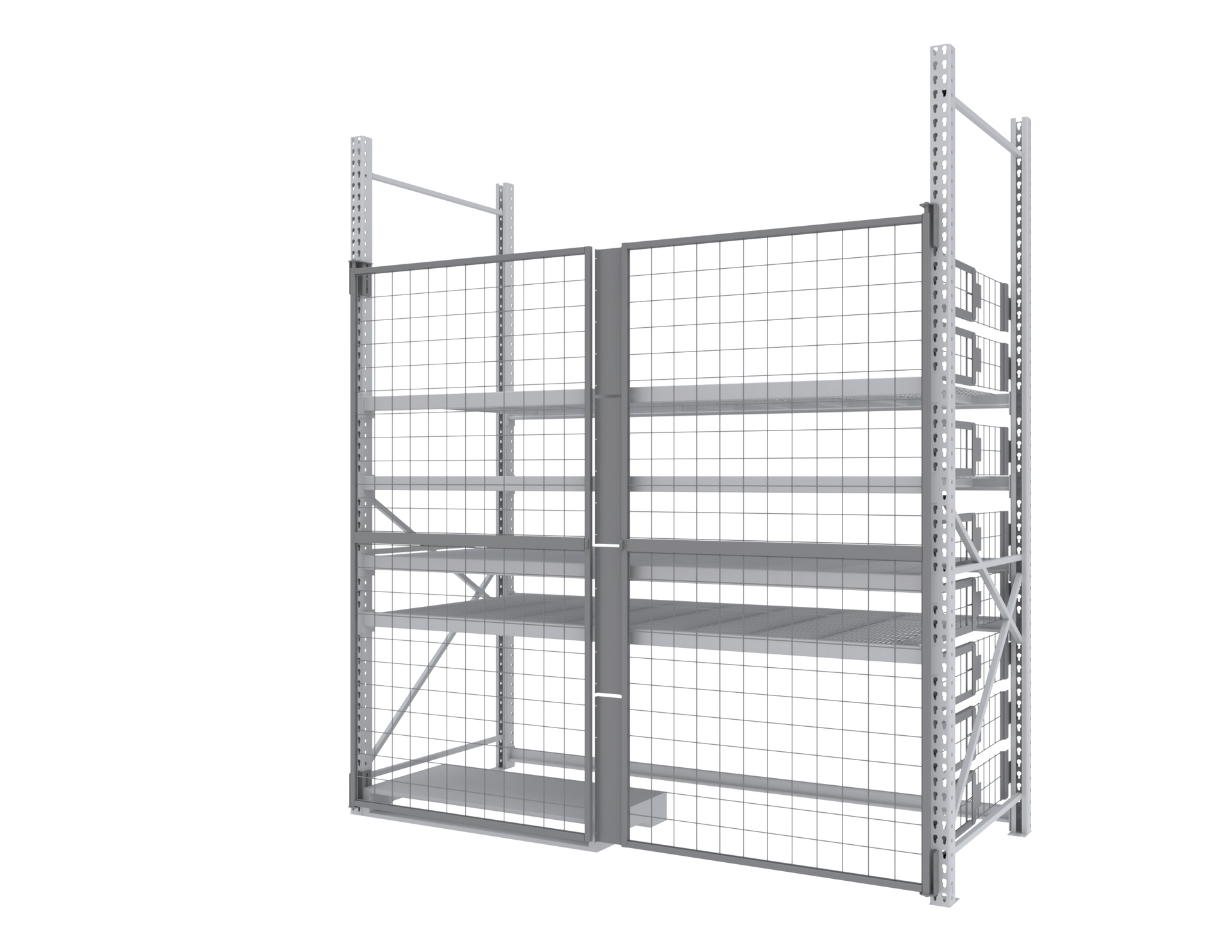 A warehouse rack with a gate and shelves on a white background.