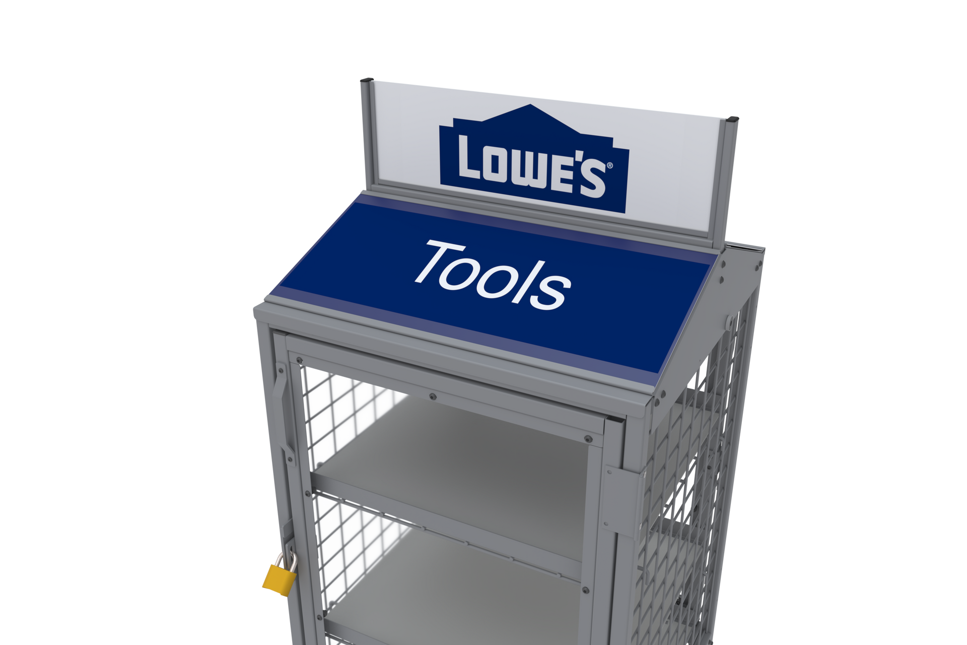 A lowe 's tool display with a blue sign on top