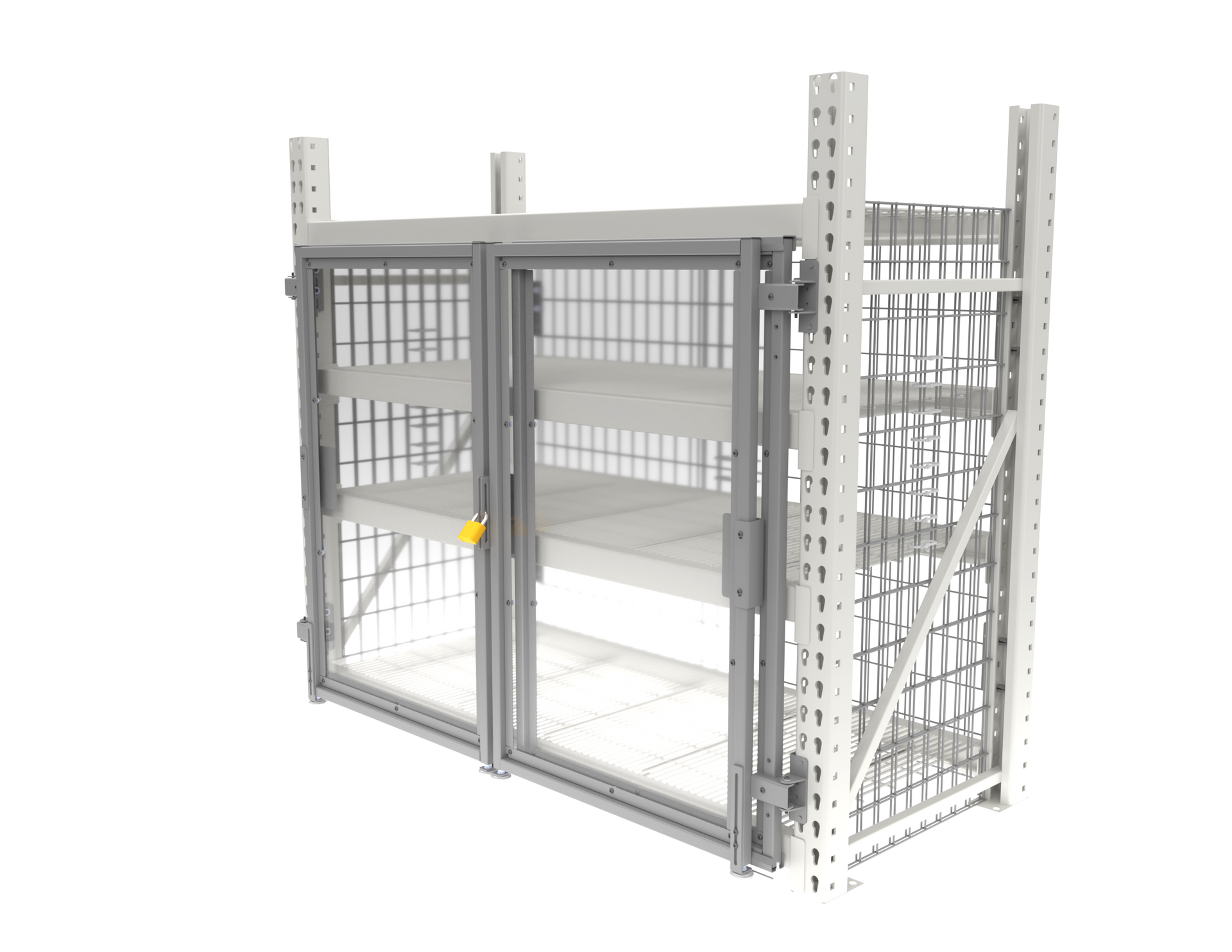 A 3d rendering of a cage with shelves and a gate on a white background.