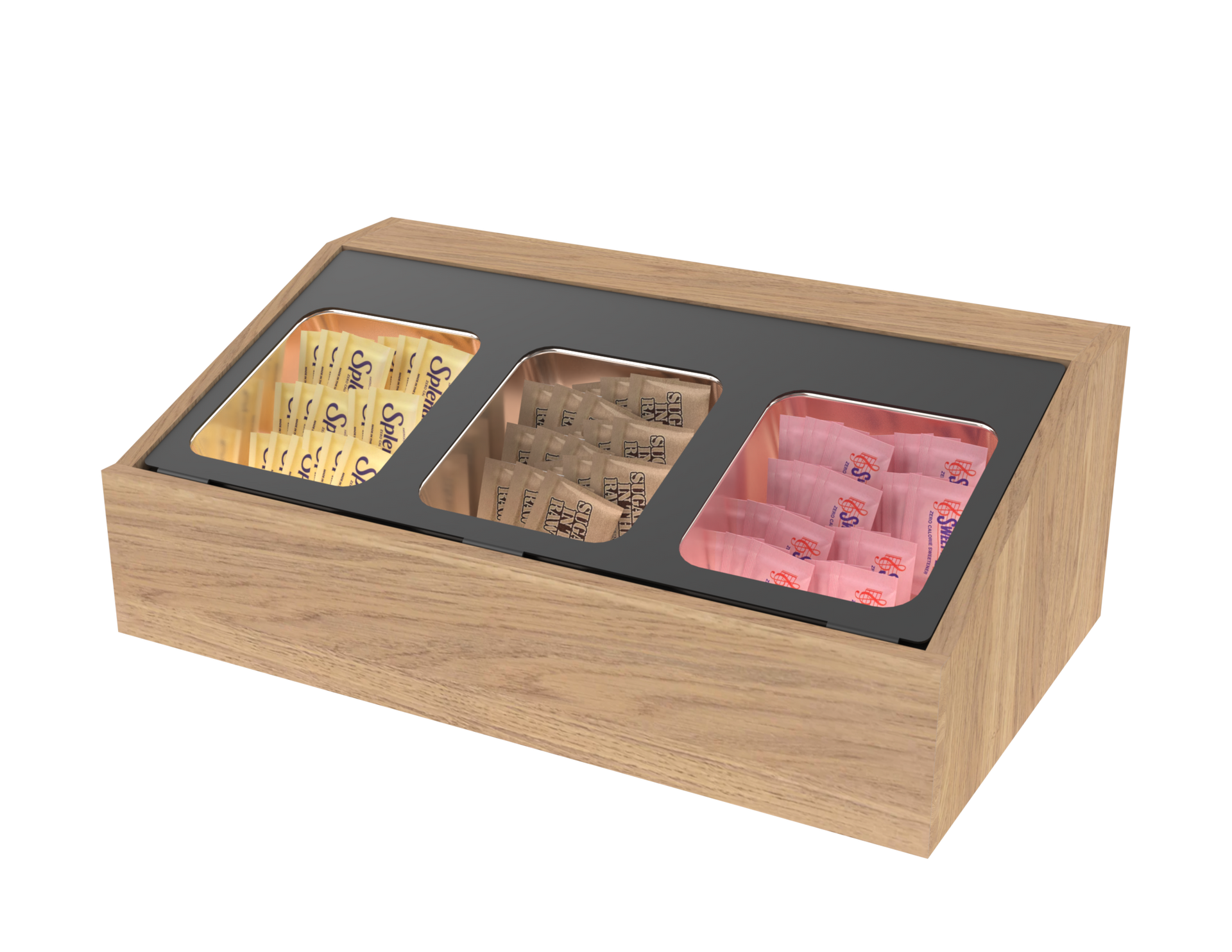A wooden box with three compartments filled with different types of food.