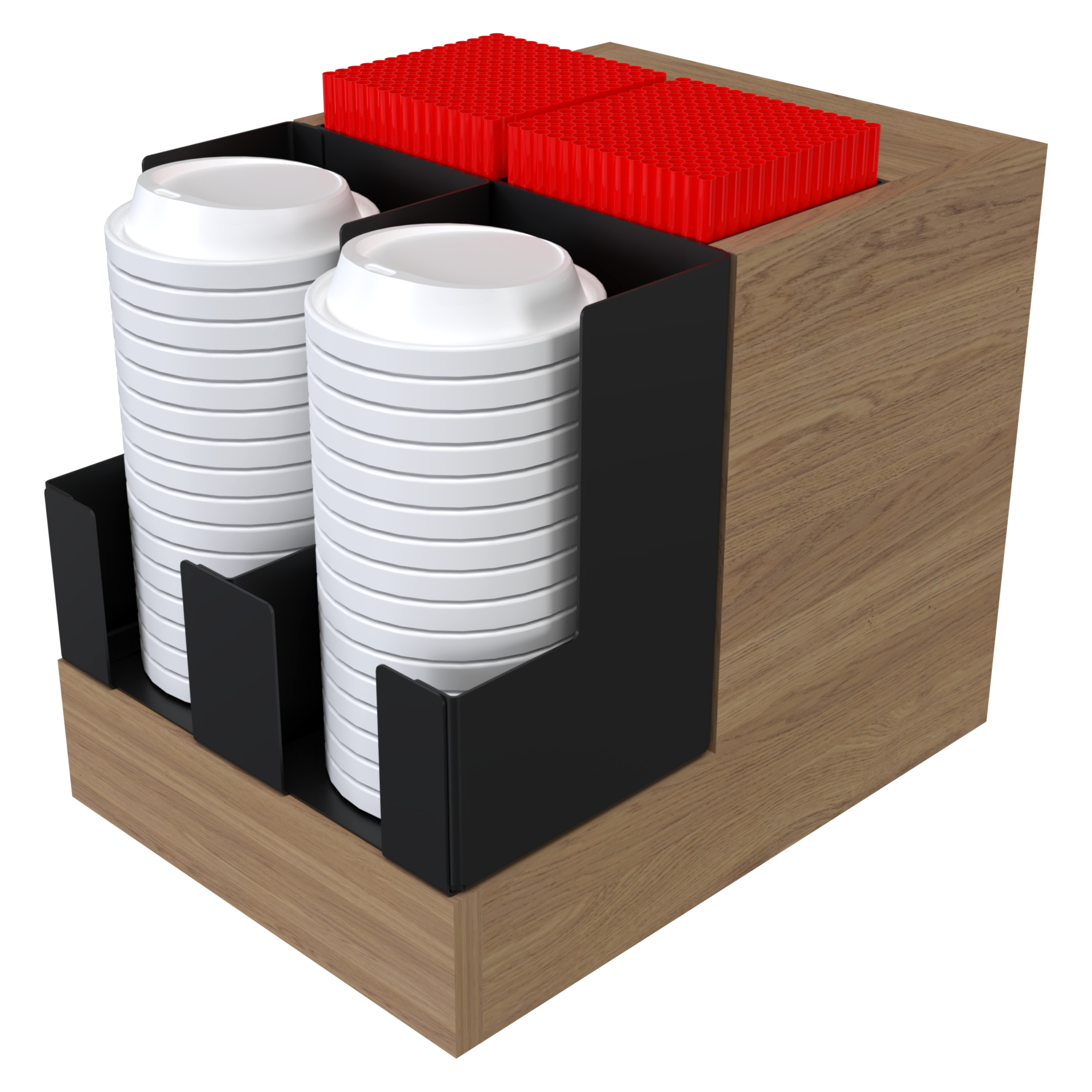 A wooden box with two cups in it