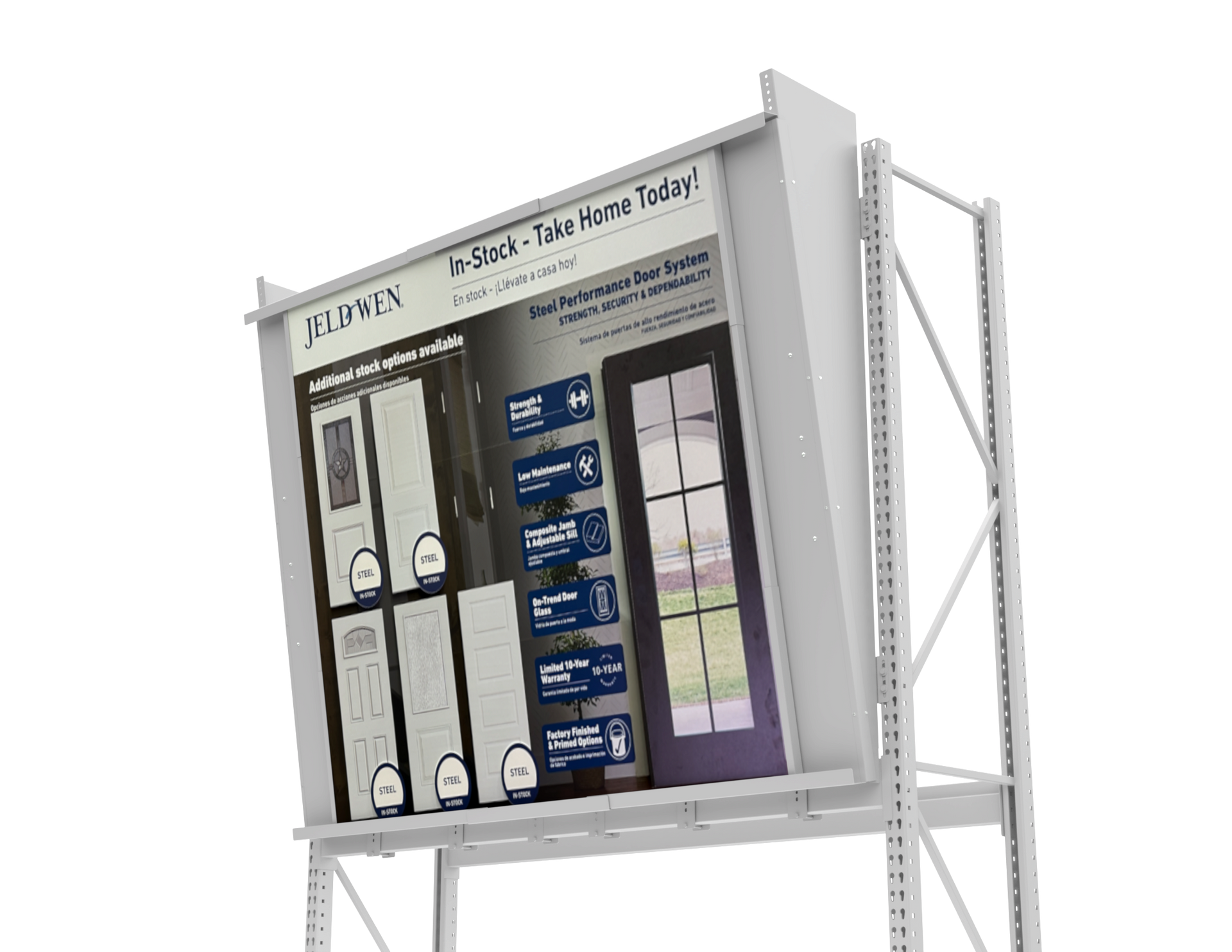 A large billboard with a picture of a door on it is sitting on top of a shelf.