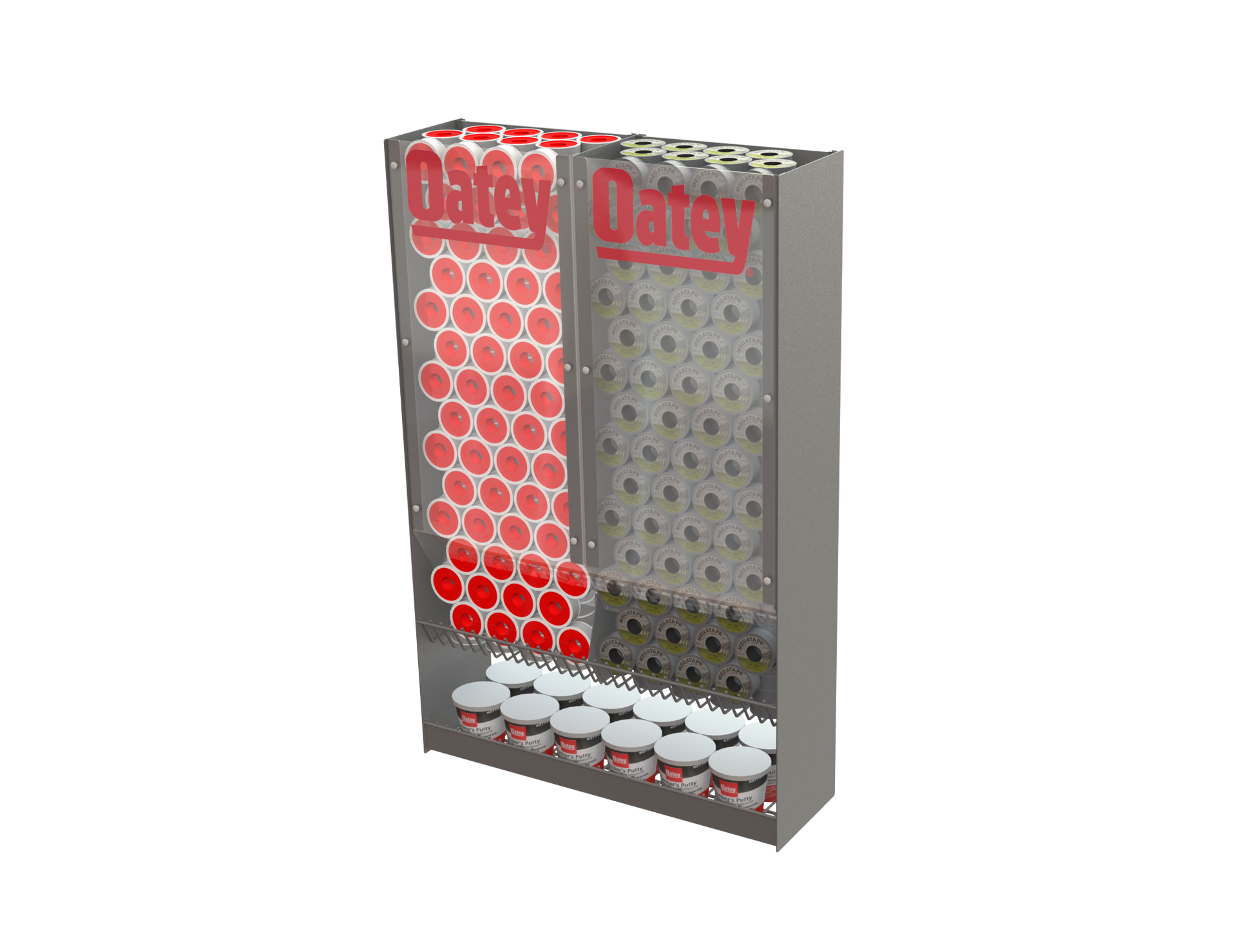 A 3d rendering of a candy dispenser with red and white candy in it.