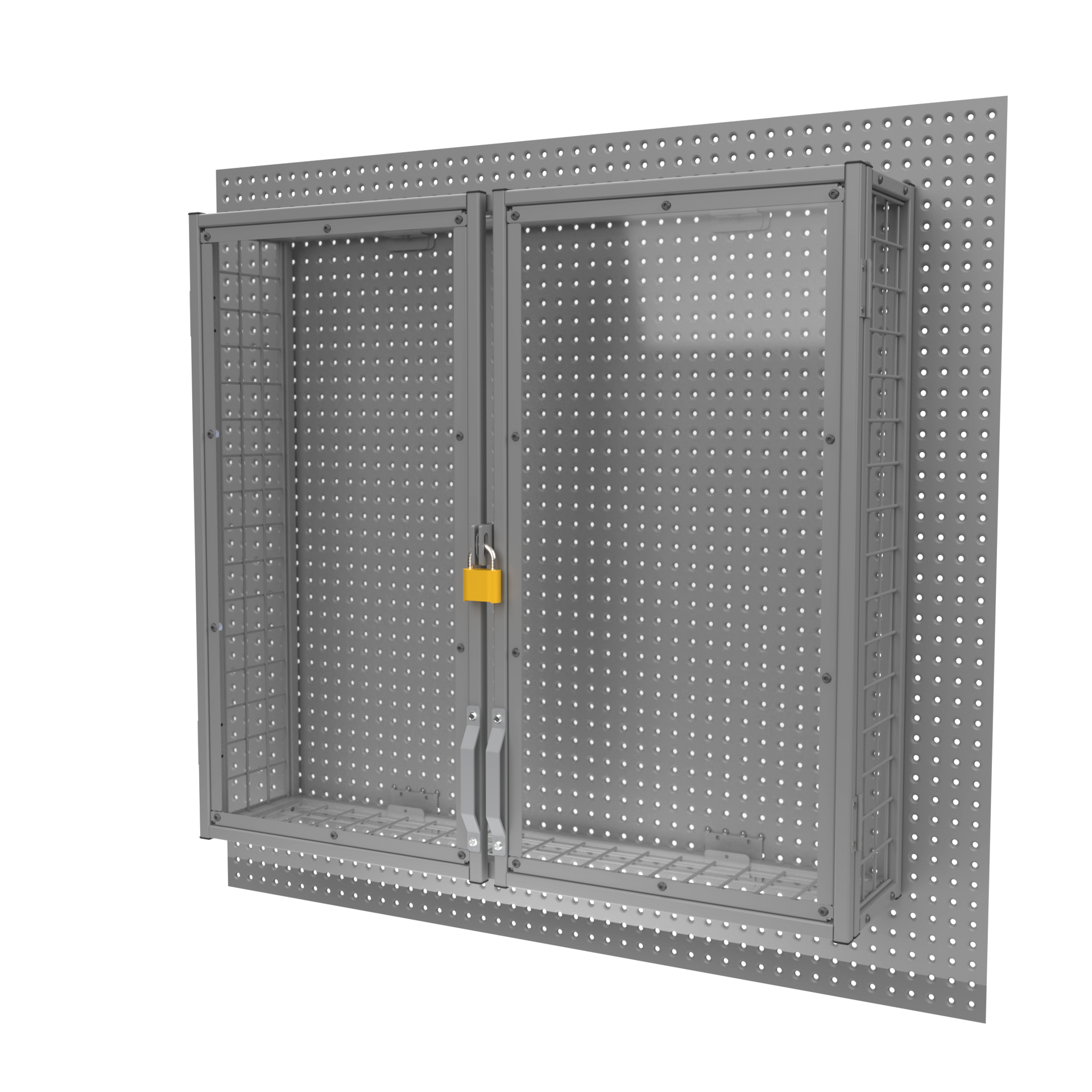 A gray cabinet with a yellow padlock on the door.