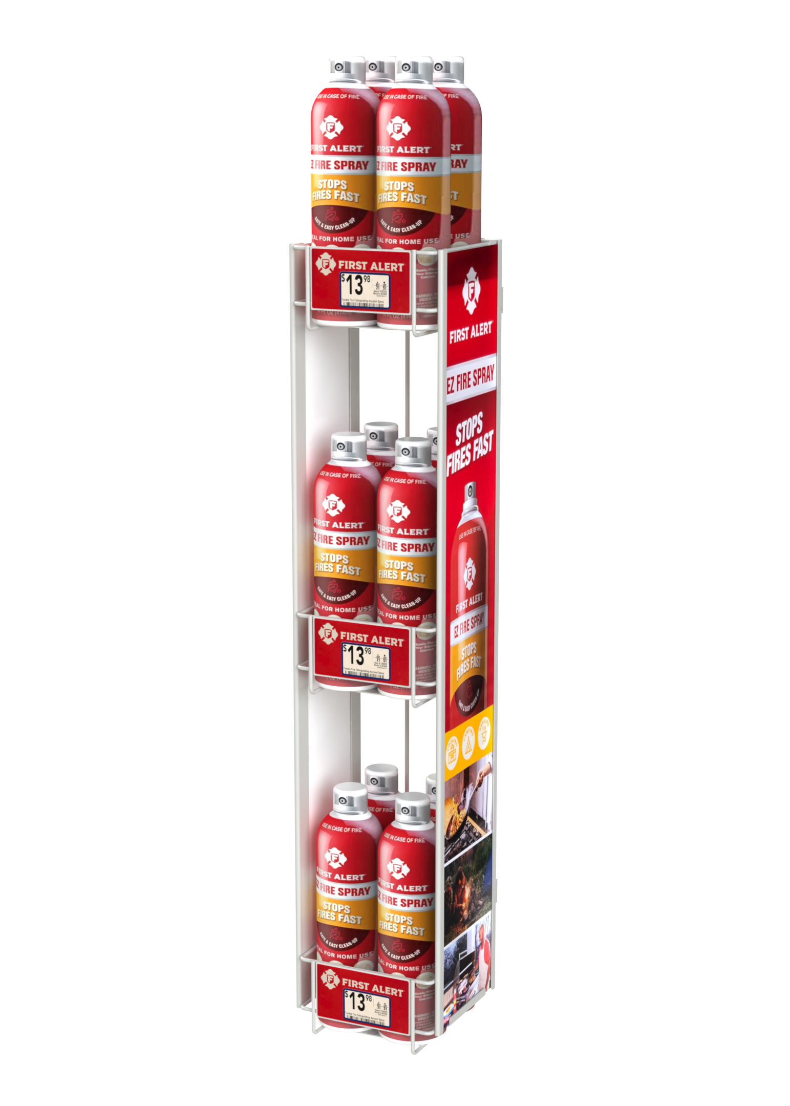 Spray cans on a cross merchandiser