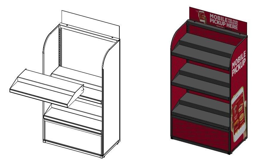 A drawing of a shelf and a 3d model of a shelf