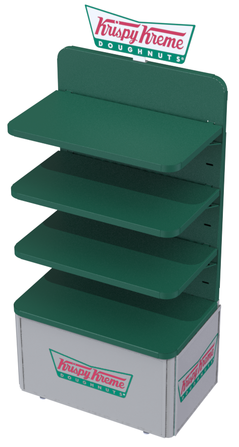 A green and white krispy kreme display with shelves