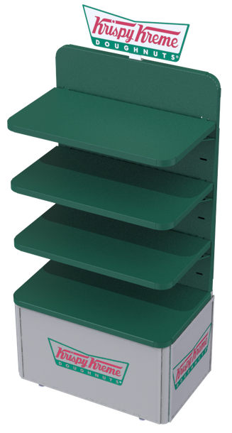 A green and white krispy kreme display with shelves