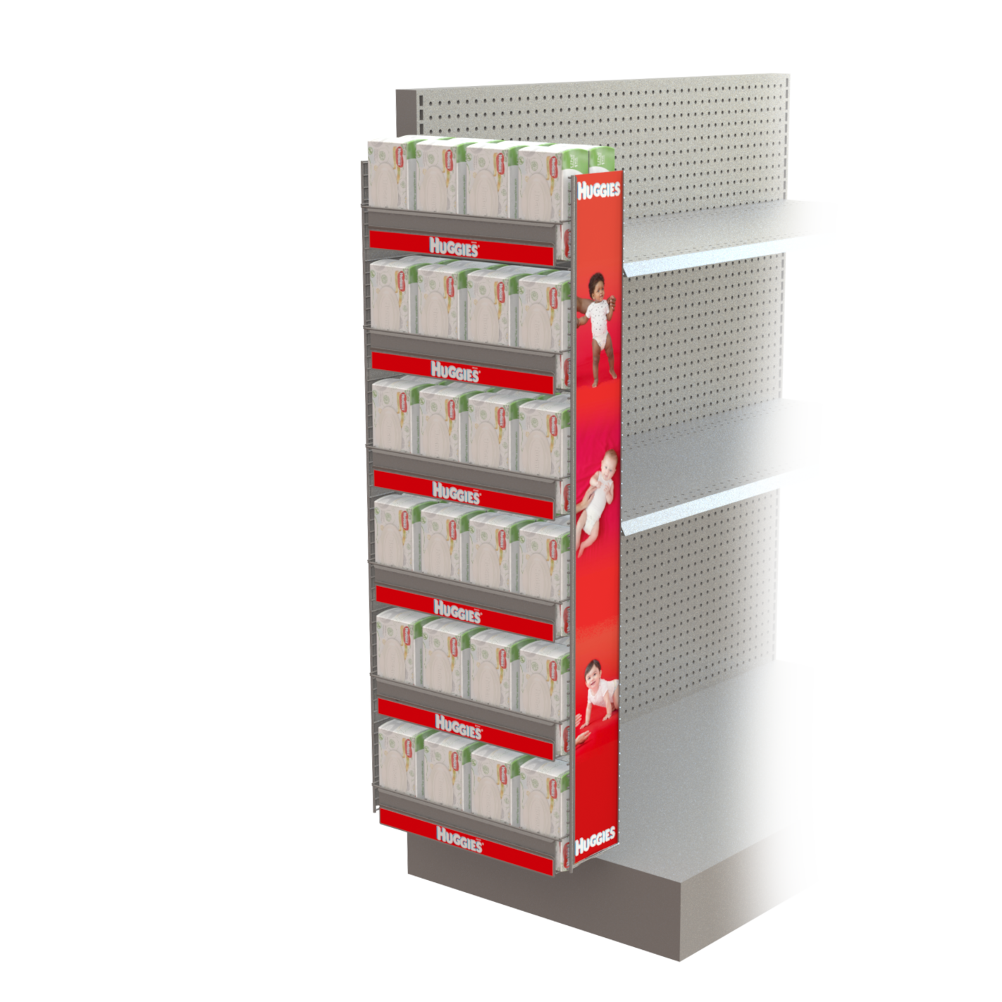 A traditional power wing display with shelves and side graphics
