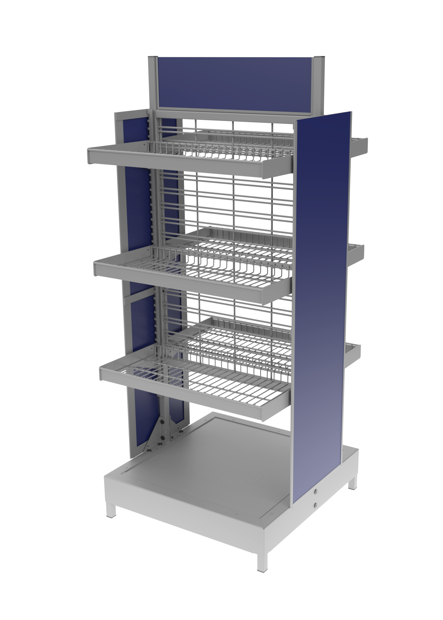 A 3d model of a display rack with four shelves and a blue back.