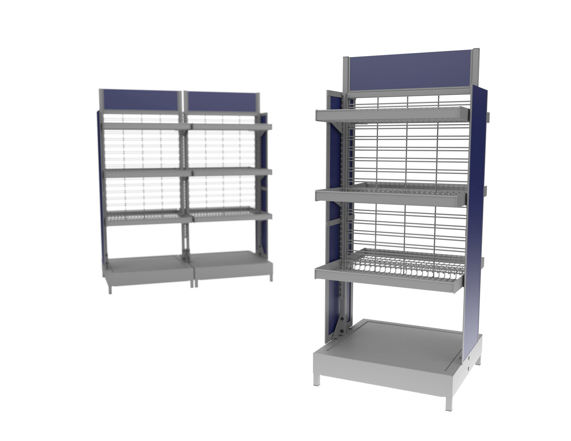 A 3d model of a shelf with shelves and a shelf without shelves on a white background.