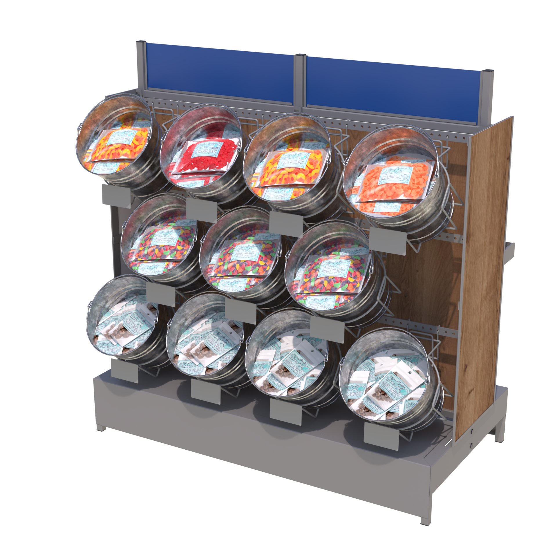 A display rack filled with bottles of water on a white background.
