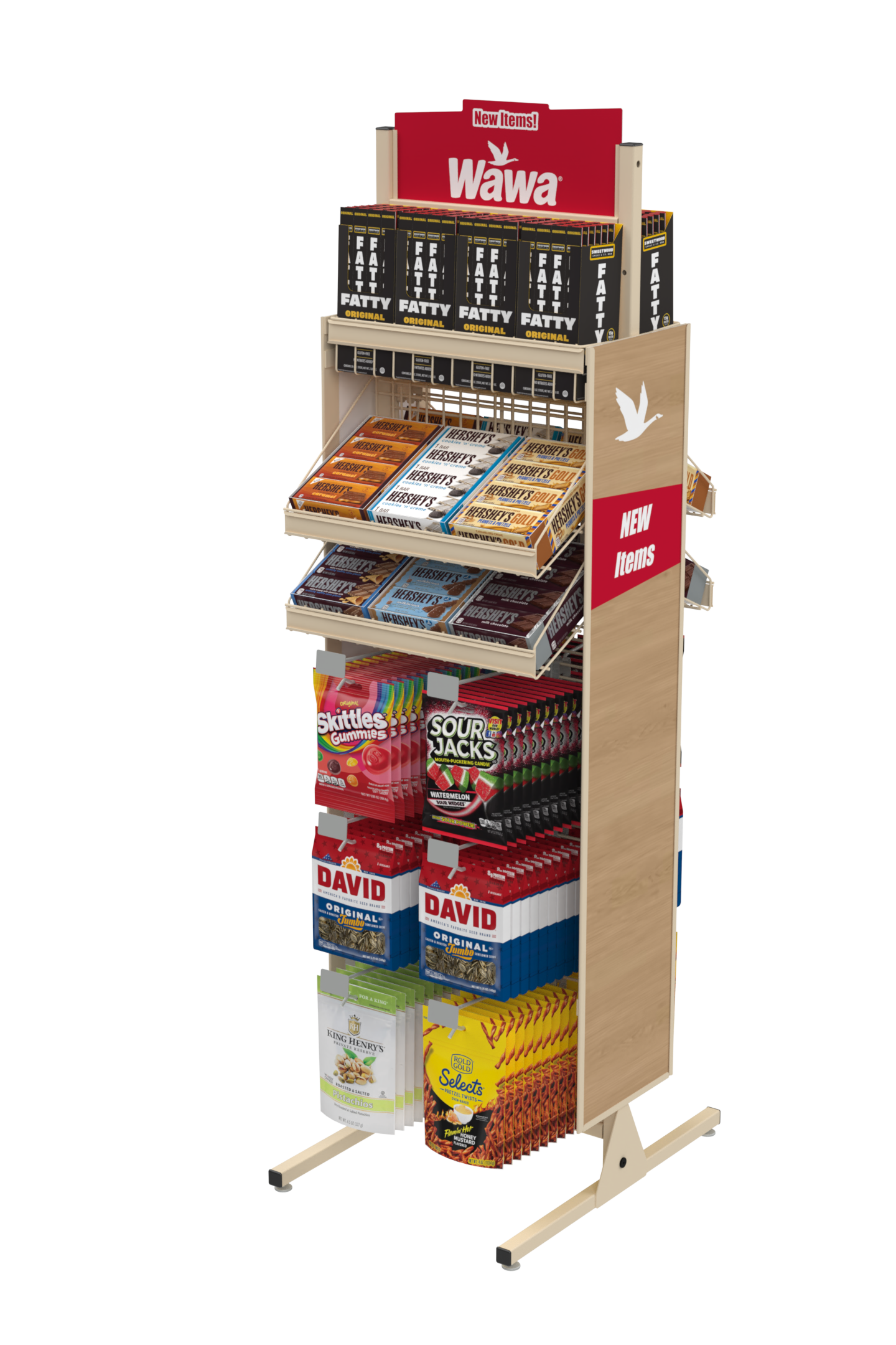 A magazine rack filled with stacks of magazines on a white background.