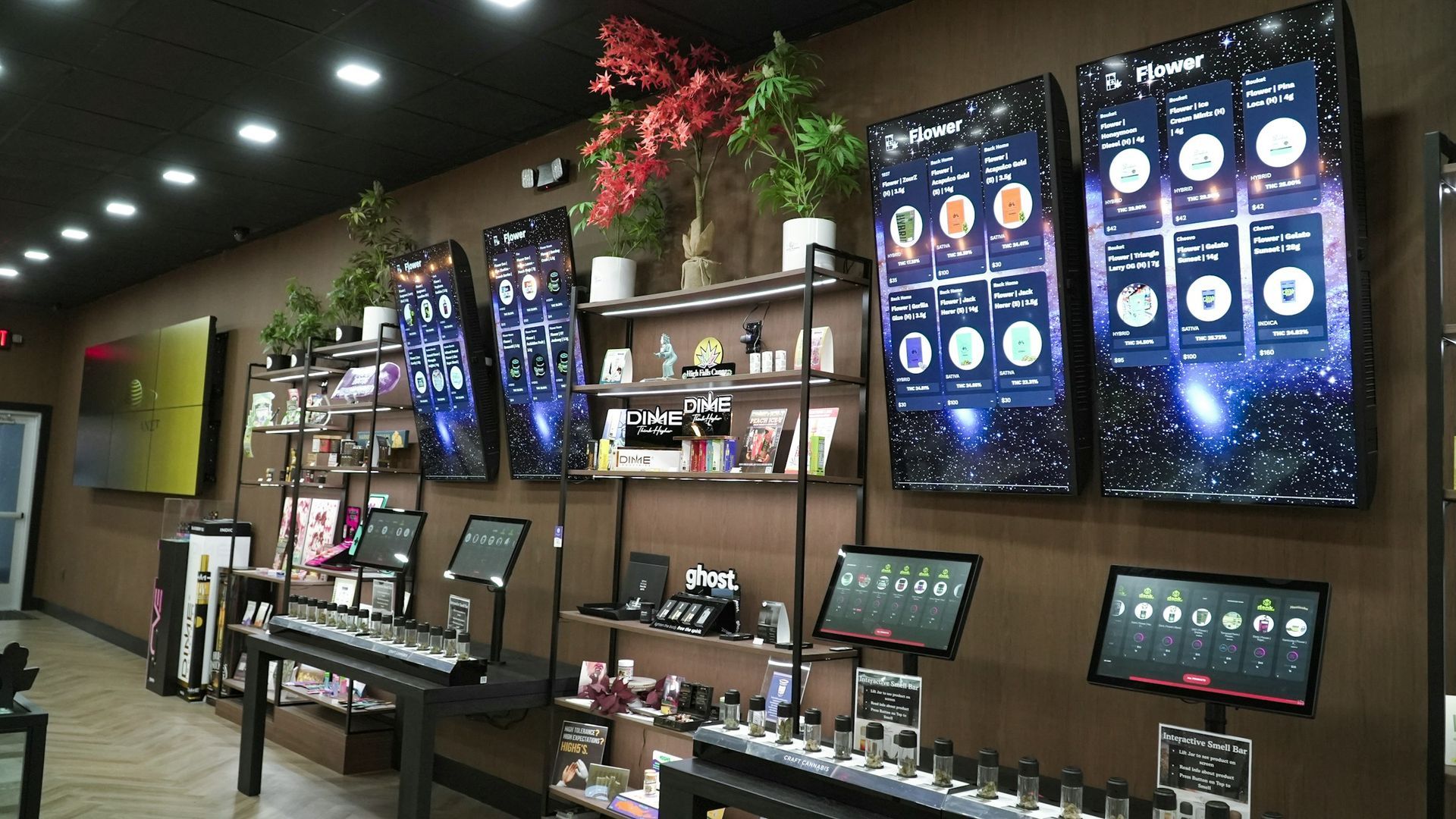 Photo of a sales wall with shelves and signage