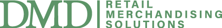 A green and white logo for dmd retail merchandising solutions