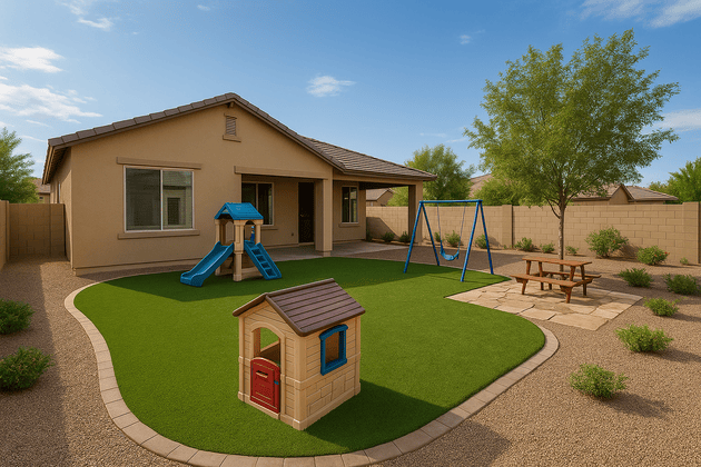 Family playing in a Queen Creek, AZ backyard: a child on a swing set, girl with a cat, dog, house, and flowers.