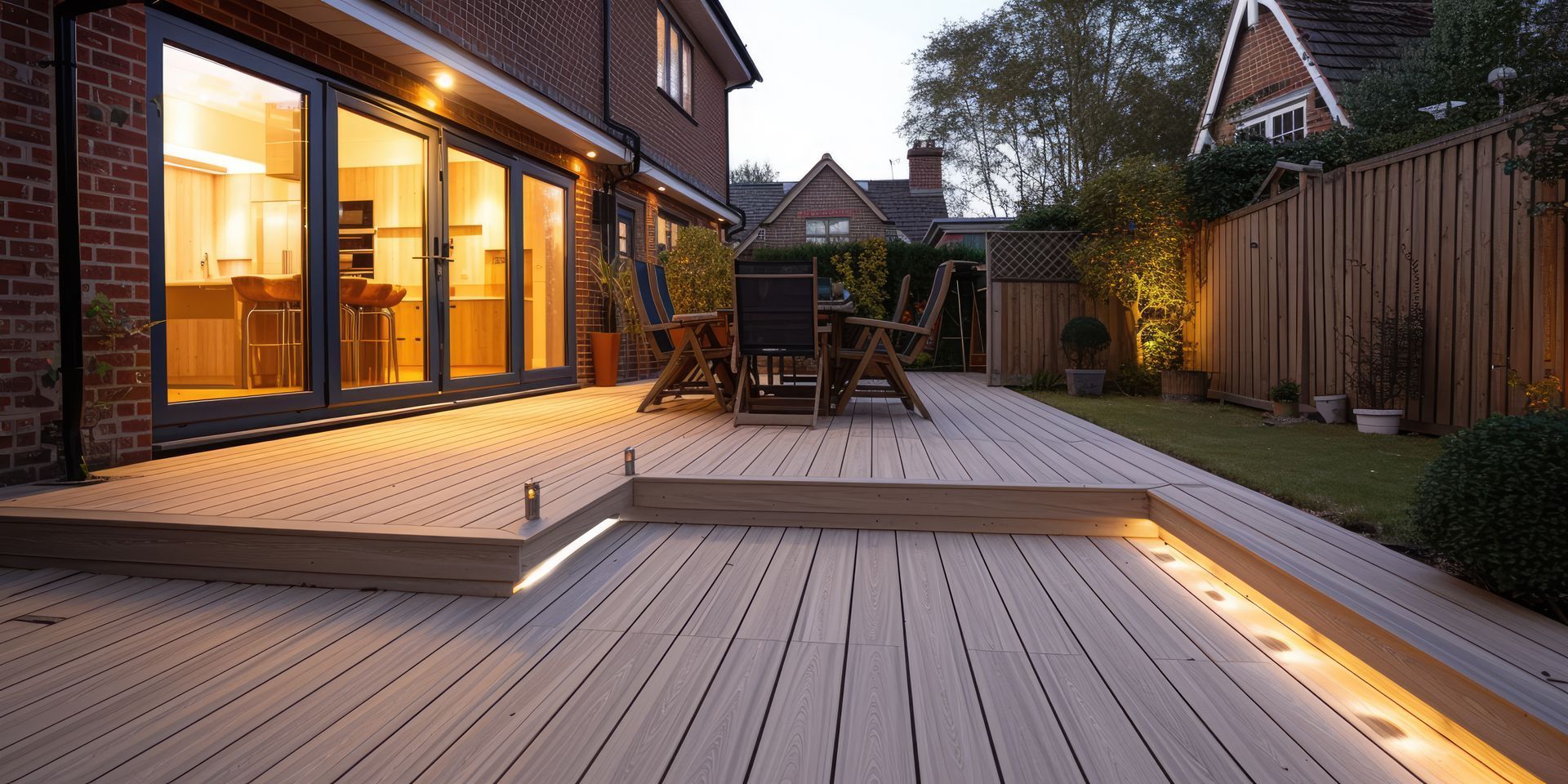 A wooden deck with a table and chairs on it