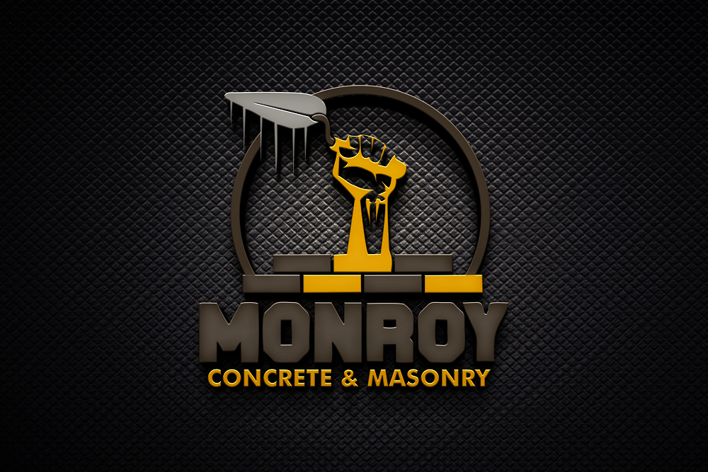 A logo for monroy concrete and masonry with a fist in the middle