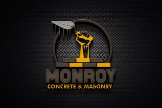 A logo for monroy concrete and masonry with a fist in the middle