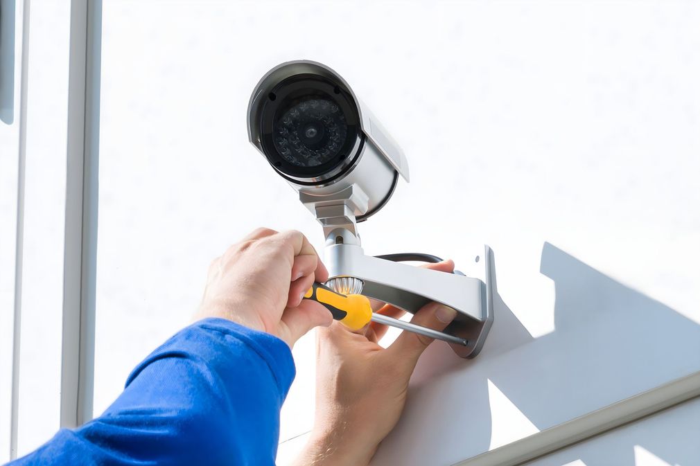Una persona sta installando una telecamera di sicurezza su un muro.