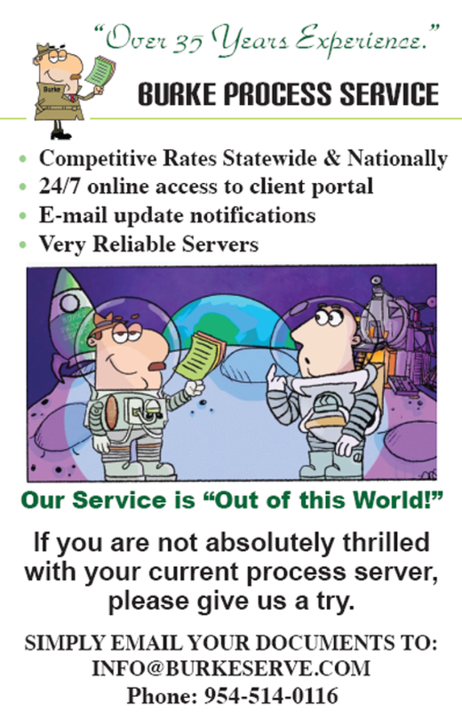 Advertisement for Burke Process Service: Cartoon astronauts, money, green text,