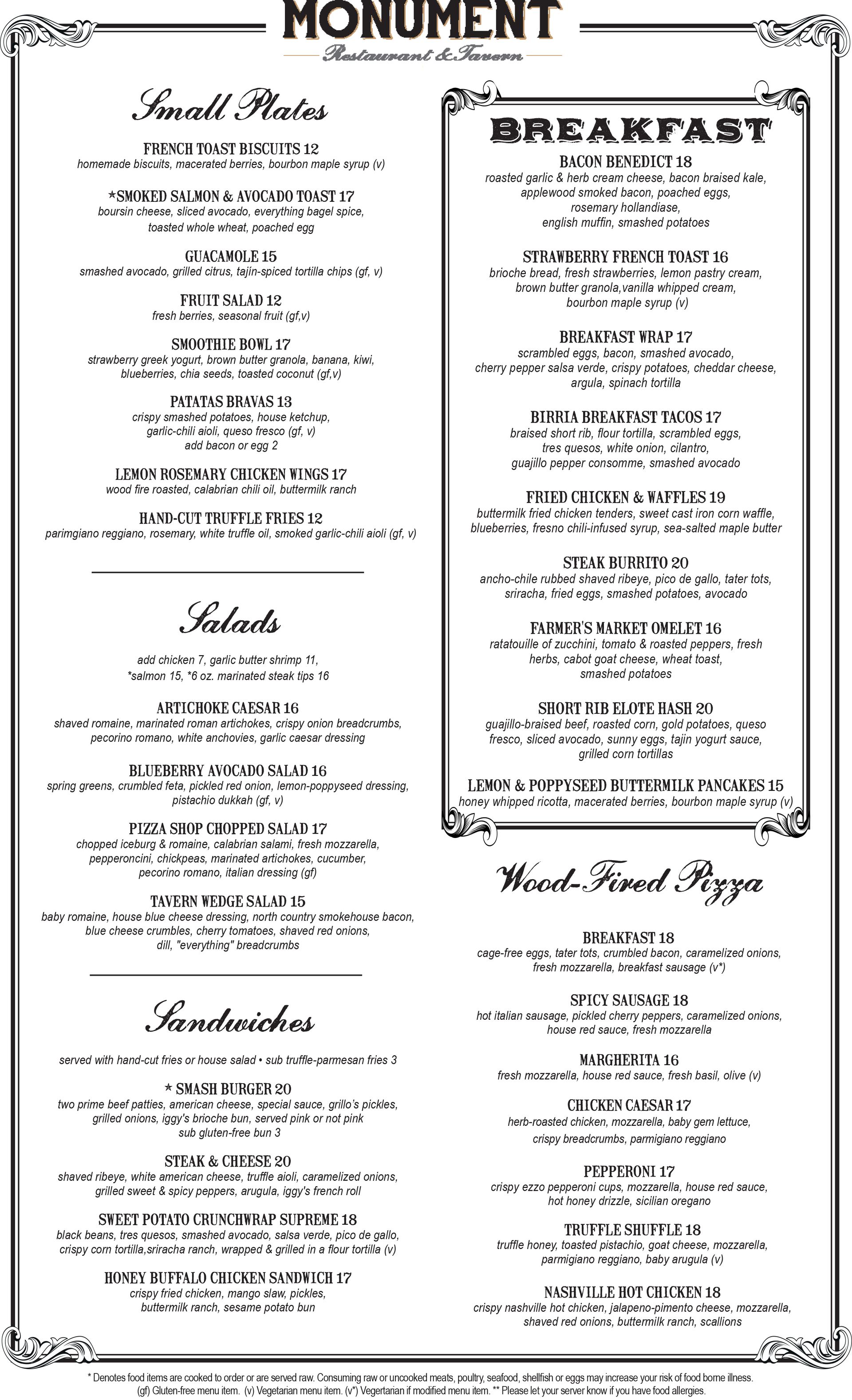Monument Restaurant & Tavern brunch food menu in Charlestown Boston