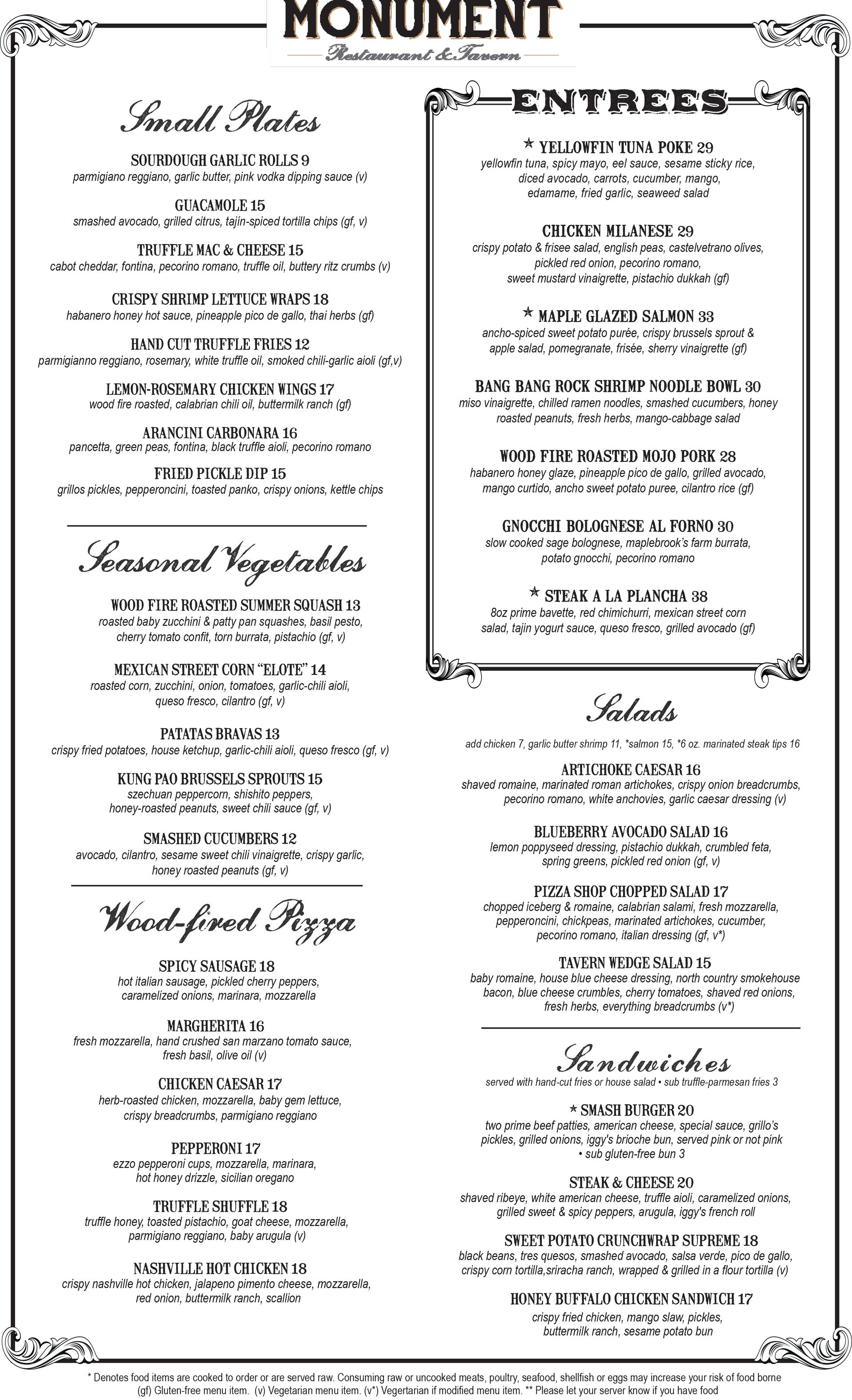 Monument Restaurant & Tavern dinner menu in Charlestown Boston featuring starters, salads and wood-fired dishes