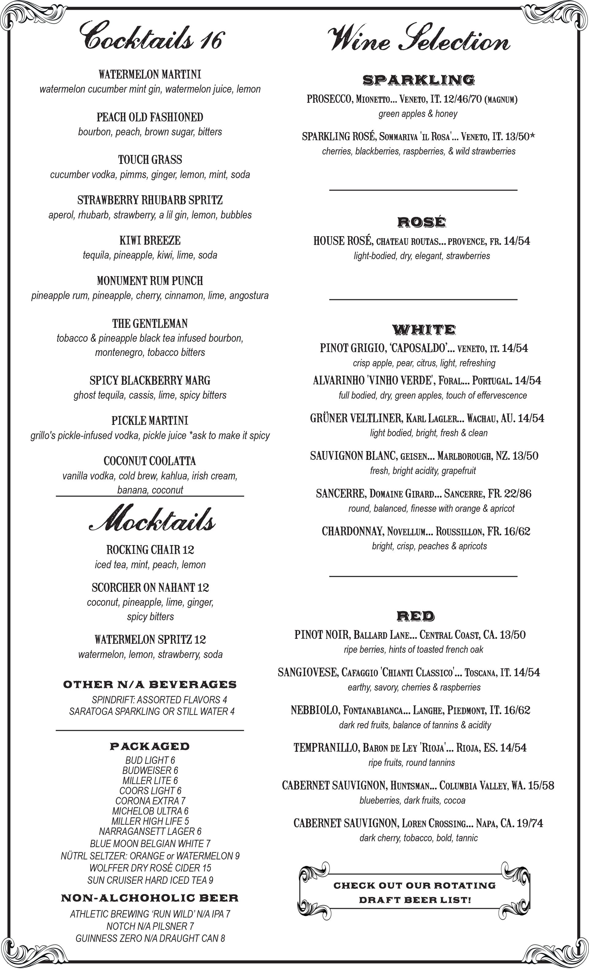 Monument dinner menu in Charlestown Boston featuring wood-fired pizza, burgers, entrées and seasonal dishes