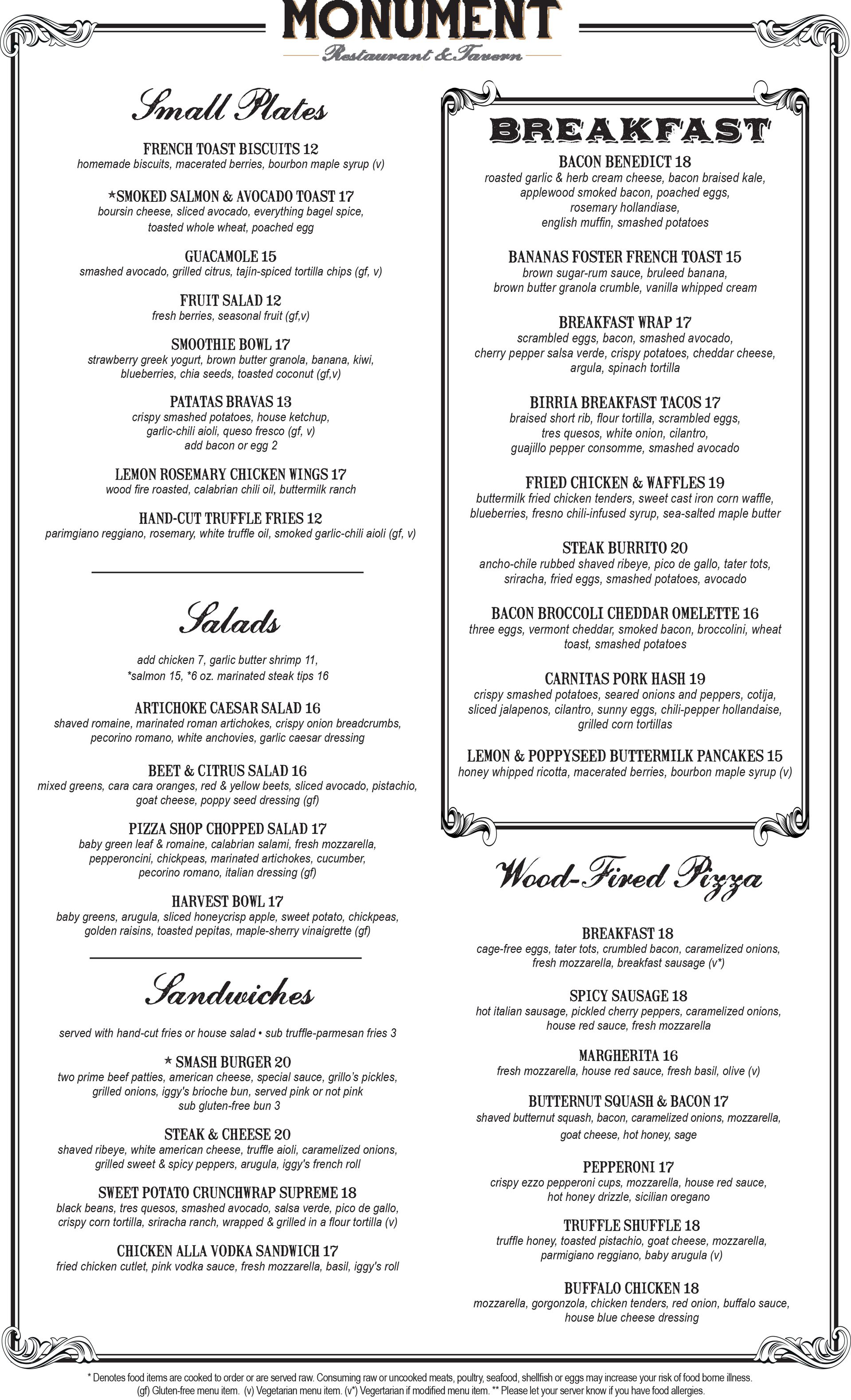 Monument Restaurant & Tavern brunch food menu in Charlestown Boston
