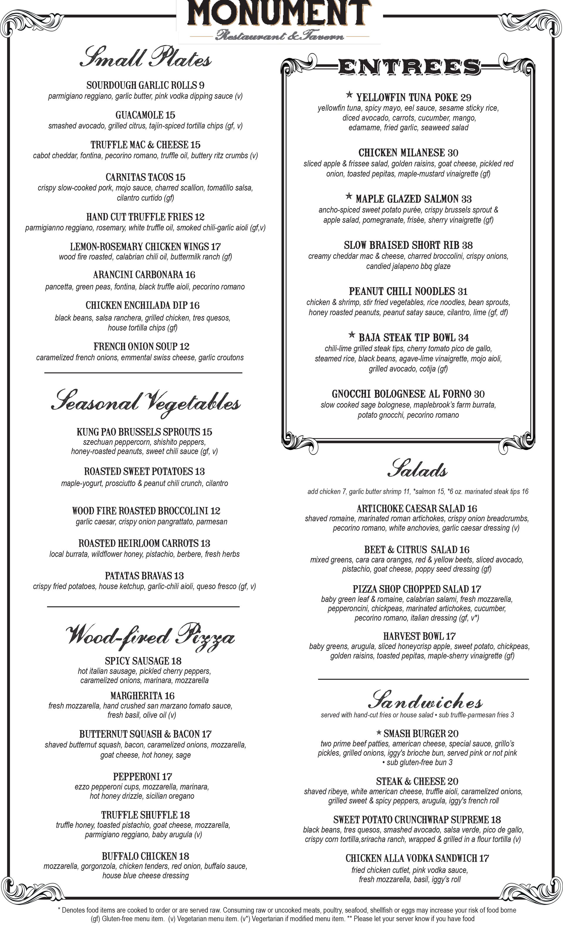 Monument Restaurant & Tavern dinner menu in Charlestown Boston featuring starters, salads and wood-fired dishes