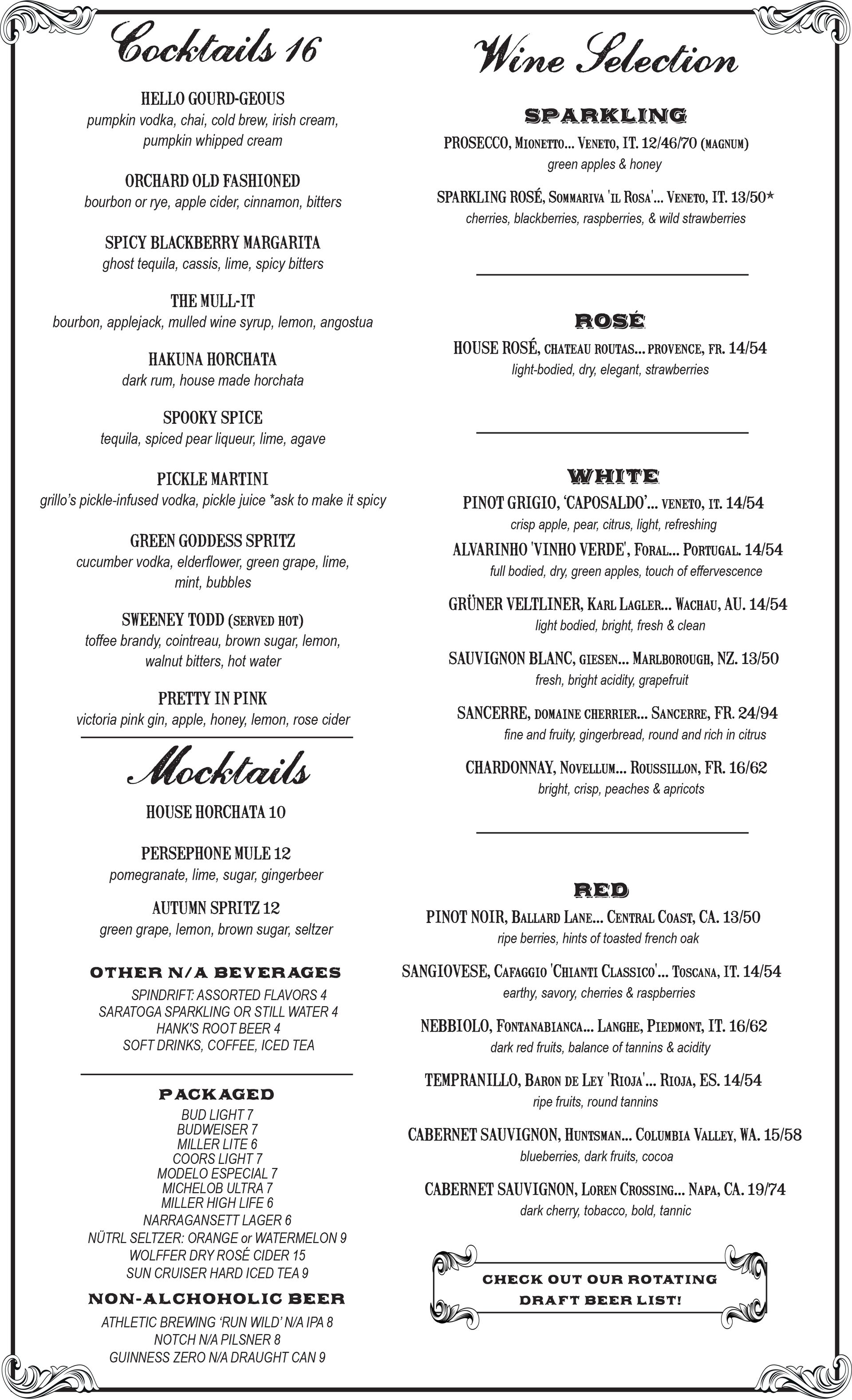 Monument dinner menu in Charlestown Boston featuring wood-fired pizza, burgers, entrées and seasonal dishes