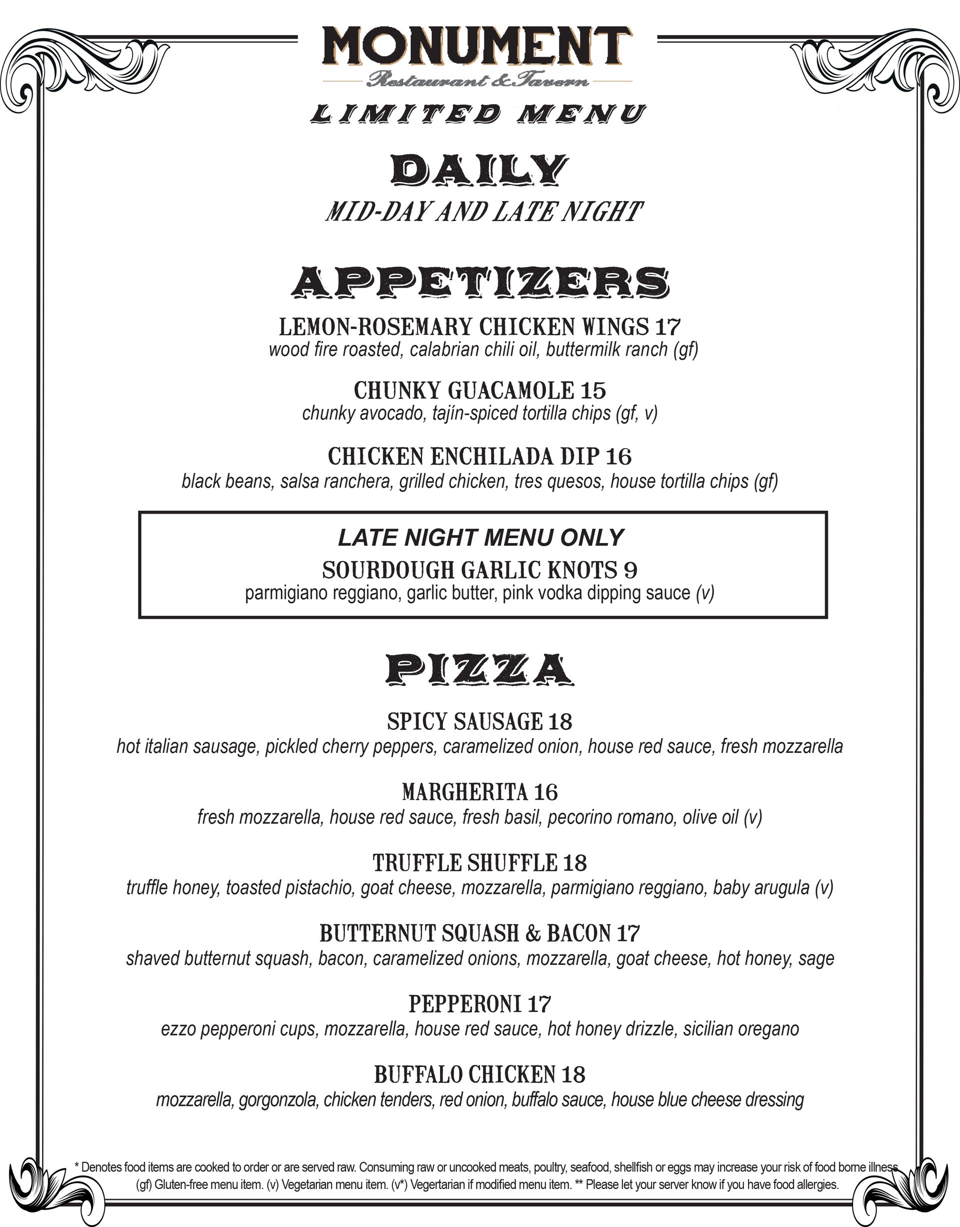 Midday and late night menu at Monument Restaurant & Tavern in Charlestown Boston