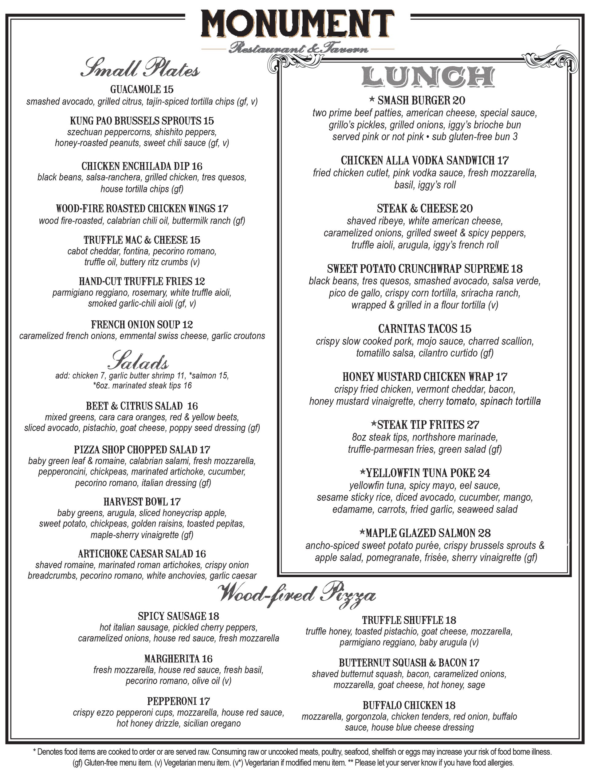 Page 1: Monument Restaurant & Tavern lunch menu in Charlestown, Boston – page 1