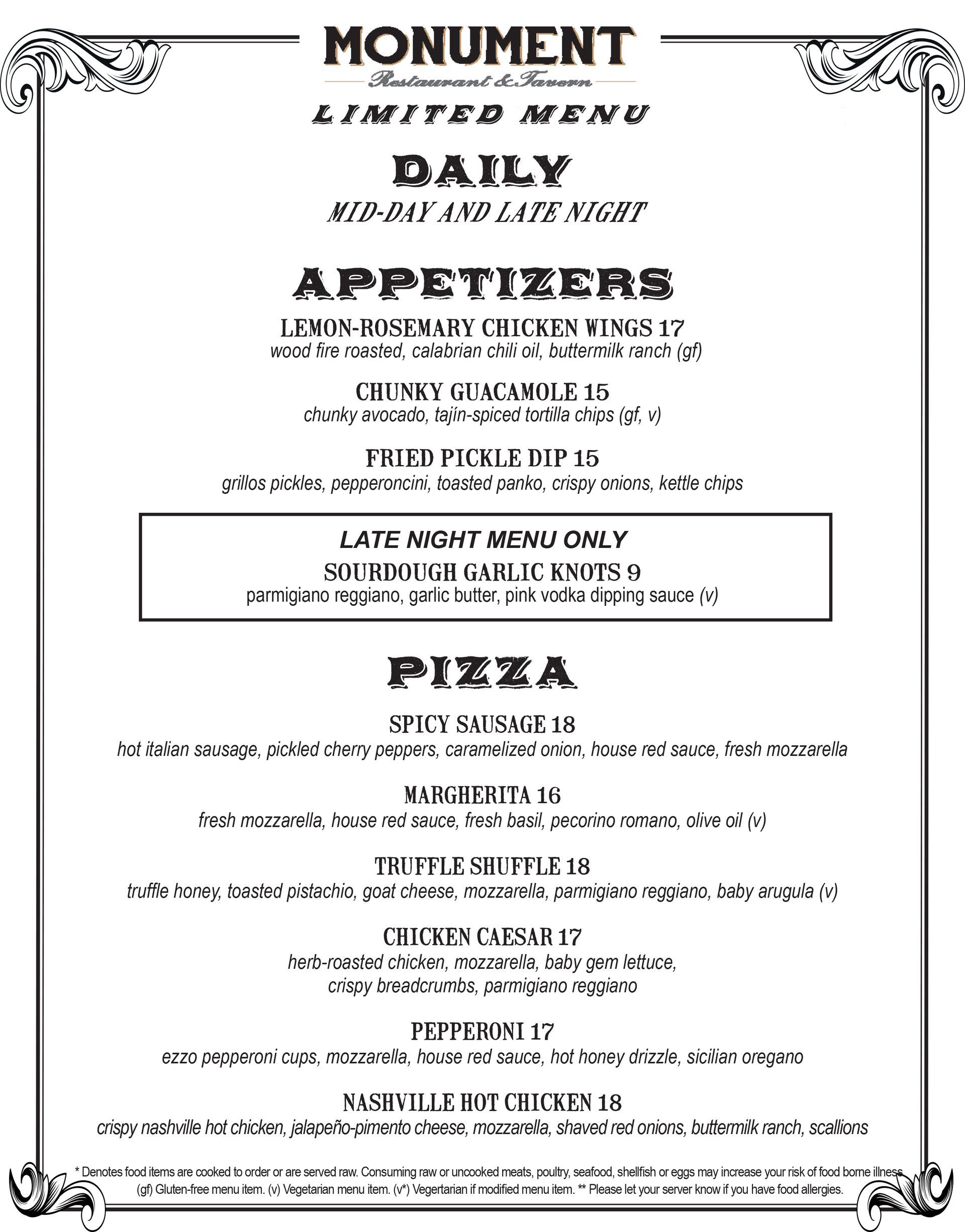 Midday and late night menu at Monument Restaurant & Tavern in Charlestown Boston
