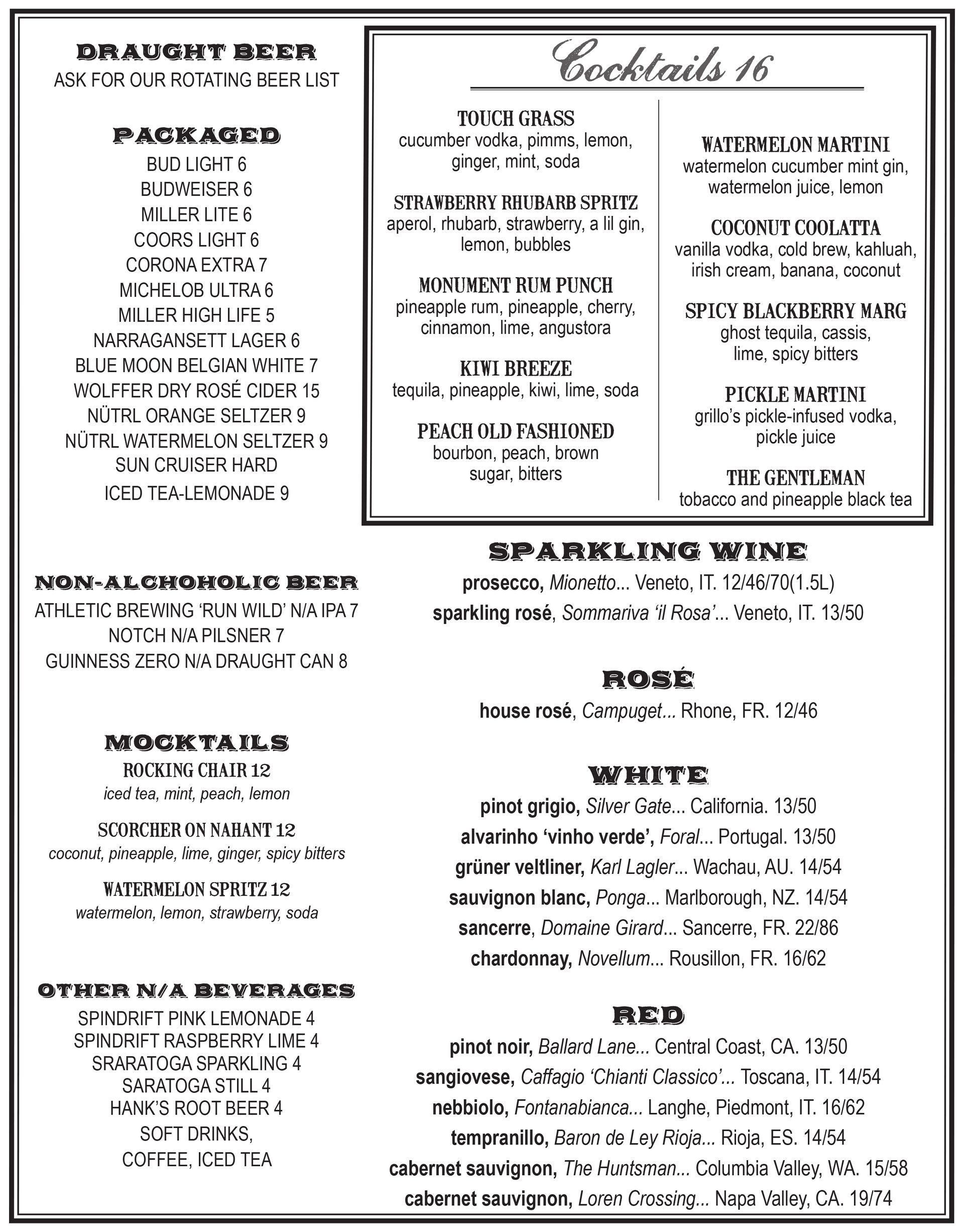 Monument midday and late night food menu in Charlestown Boston