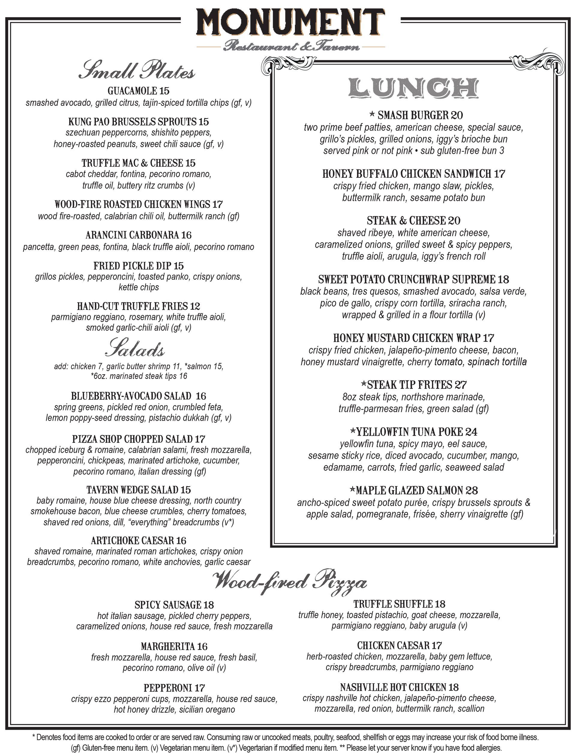Page 1: Monument Restaurant & Tavern lunch menu in Charlestown, Boston – page 1