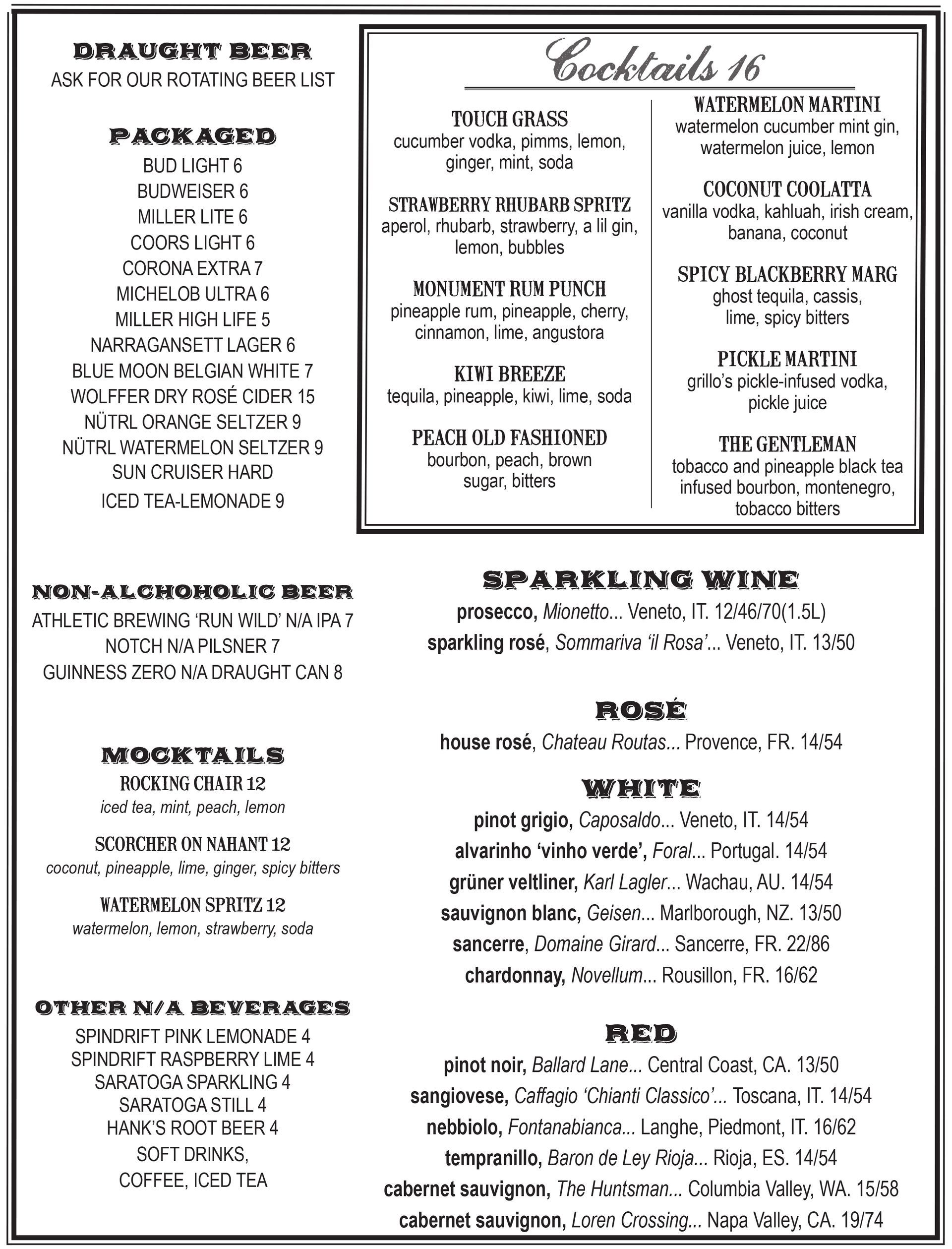 Page 2: Monument Restaurant & Tavern lunch menu in Charlestown, Boston – page 2