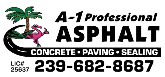 Logo for A-1 Professional Asphalt, showing a palm tree, a pink flamingo, and the phone number 239-682-8687.