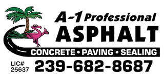 Logo for A-1 Professional Asphalt, showing a palm tree, a pink flamingo, and the phone number 239-682-8687.