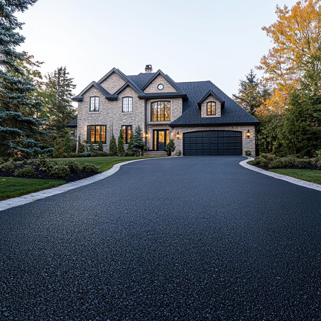 A large, multi-story brick house with a dark roof and a wide, paved driveway, surrounded by trees during autumn.