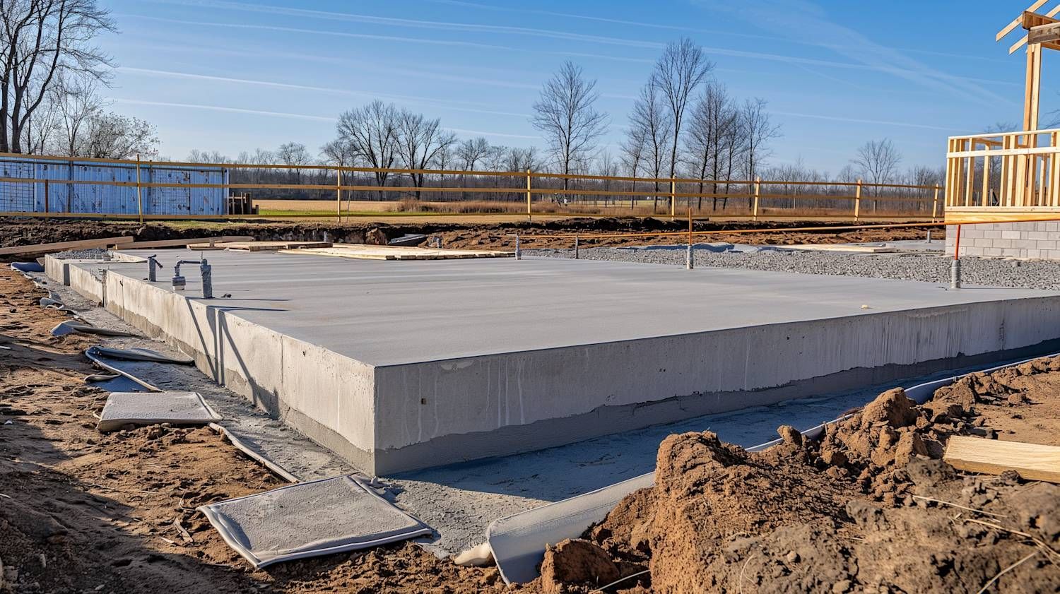 A newly poured rectangular concrete foundation sits on a gravel base at a construction site under a clear blue sky.
