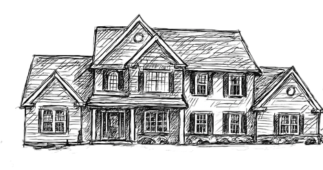 Pencil sketch of a large suburban house with multiple gables and attached garage.